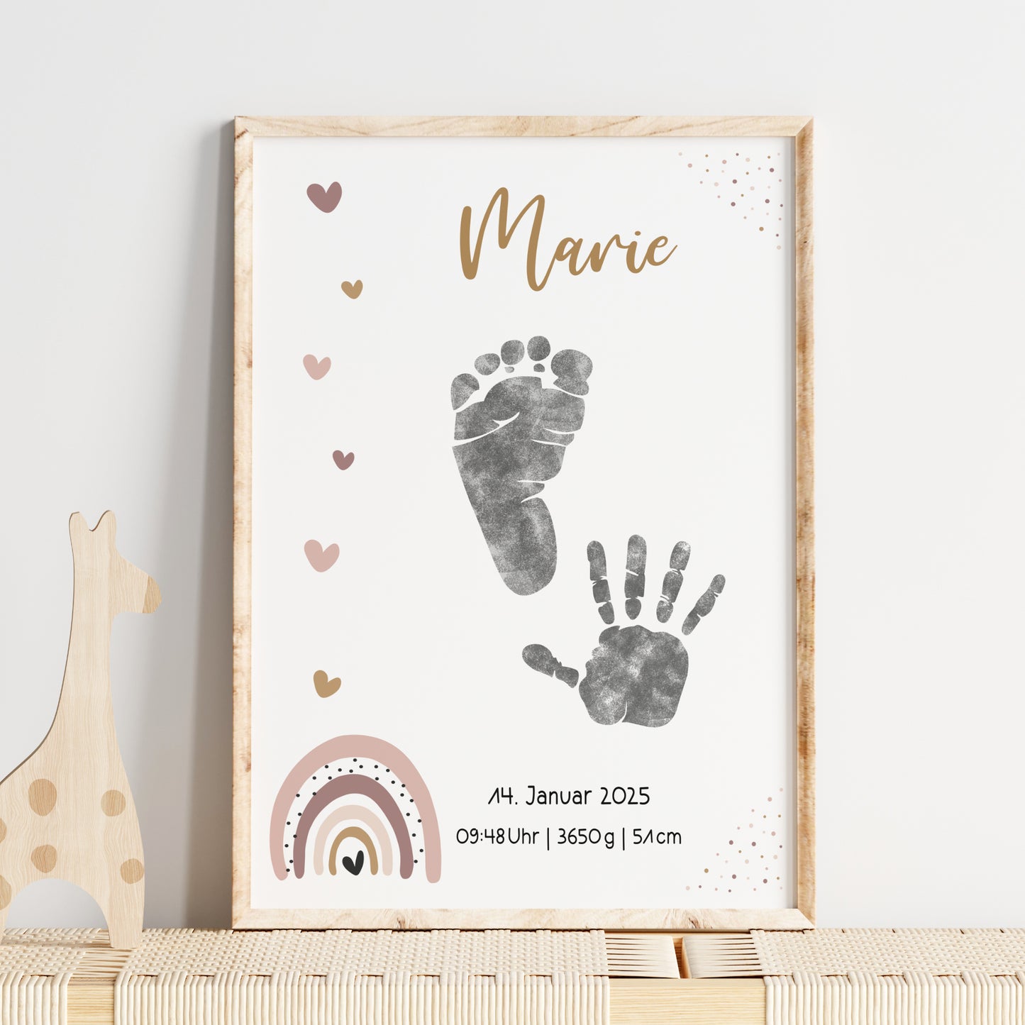 Geburtsposter Vorlage Fußabdrücke Handabdrücke Baby Geburtsdaten personalisiert Regenbogen Rosa Mädchen