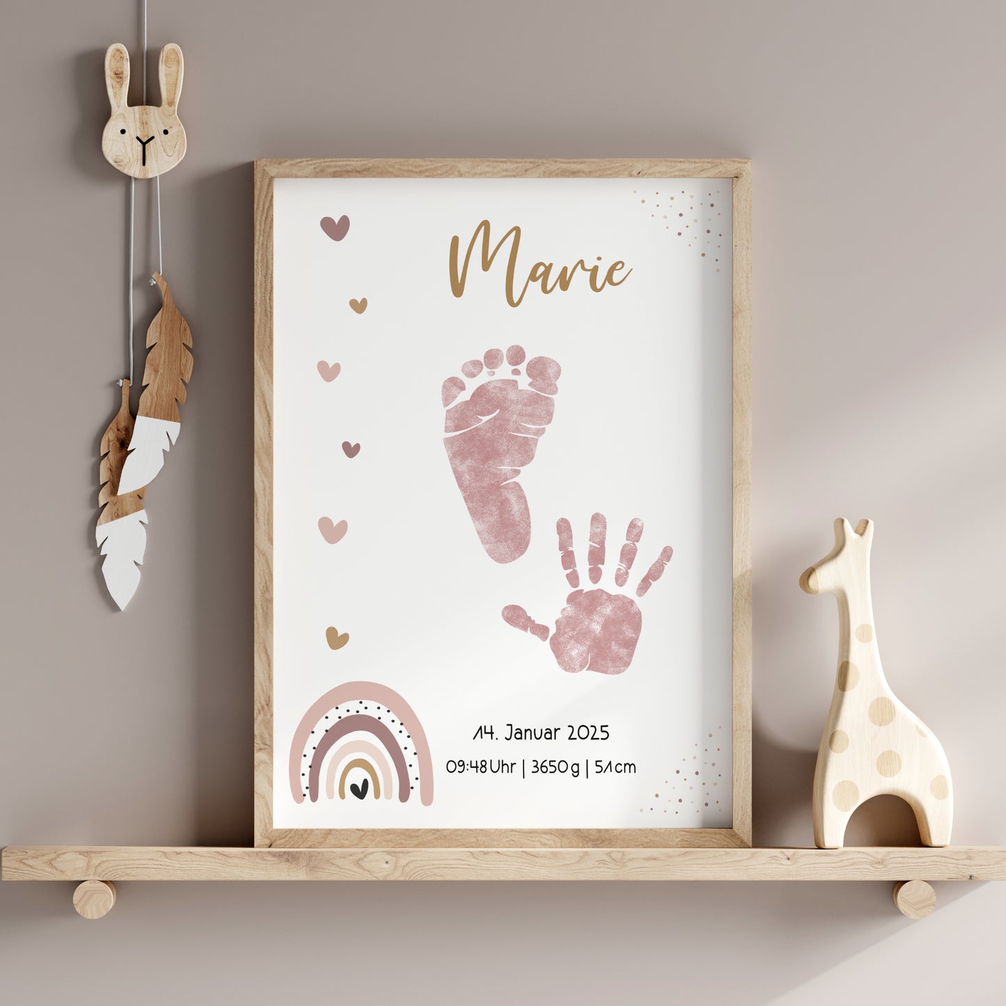 Geburtsposter Vorlage Fußabdrücke Handabdrücke Baby Geburtsdaten personalisiert Regenbogen Rosa Mädchen