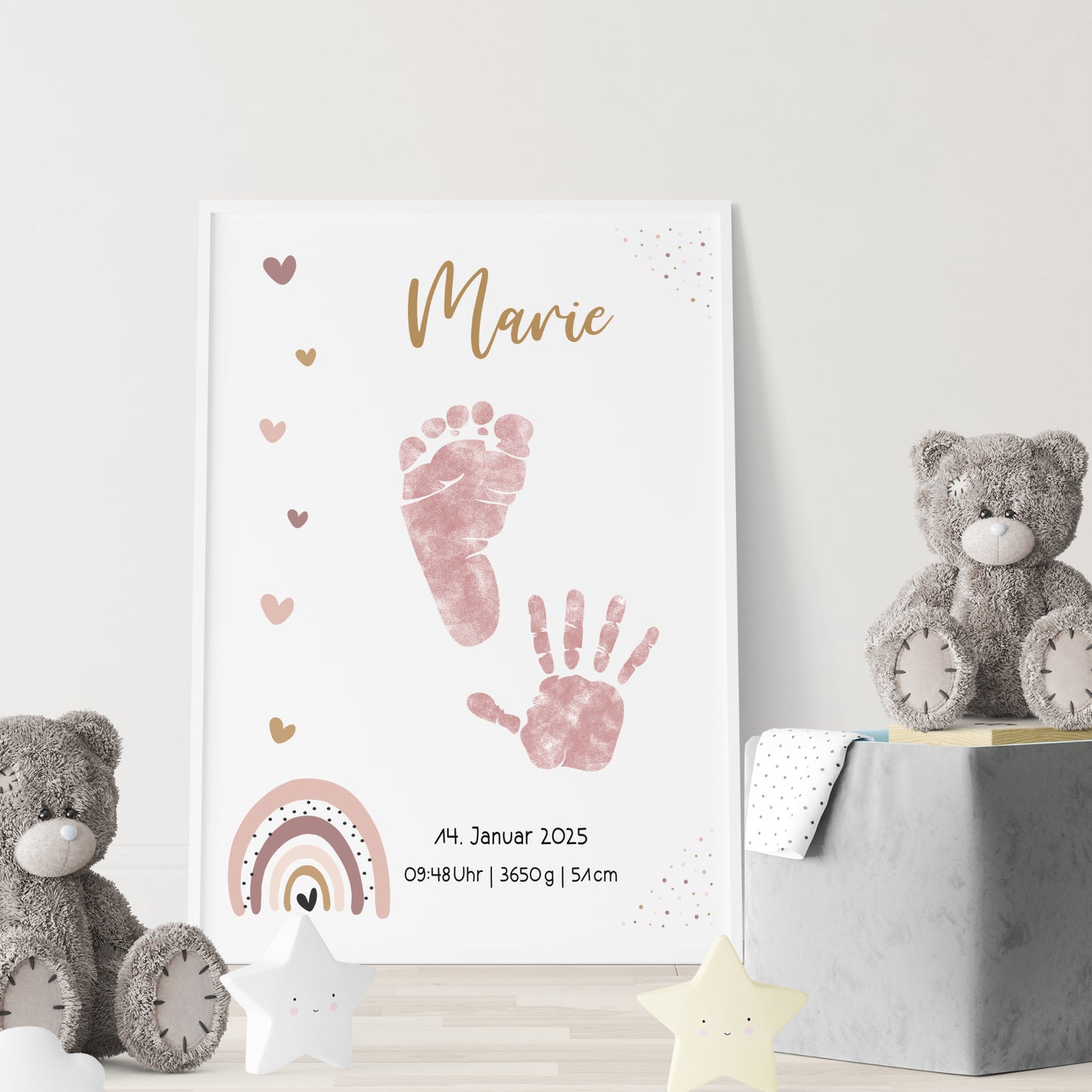 Geburtsposter Vorlage Fußabdrücke Handabdrücke Baby Geburtsdaten personalisiert Regenbogen Rosa Mädchen