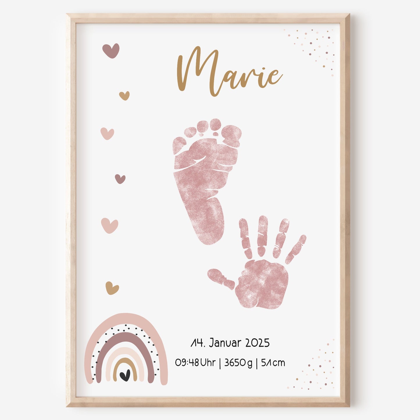 Geburtsposter Vorlage Fußabdrücke Handabdrücke Baby Geburtsdaten personalisiert Regenbogen Mädchen Jungen