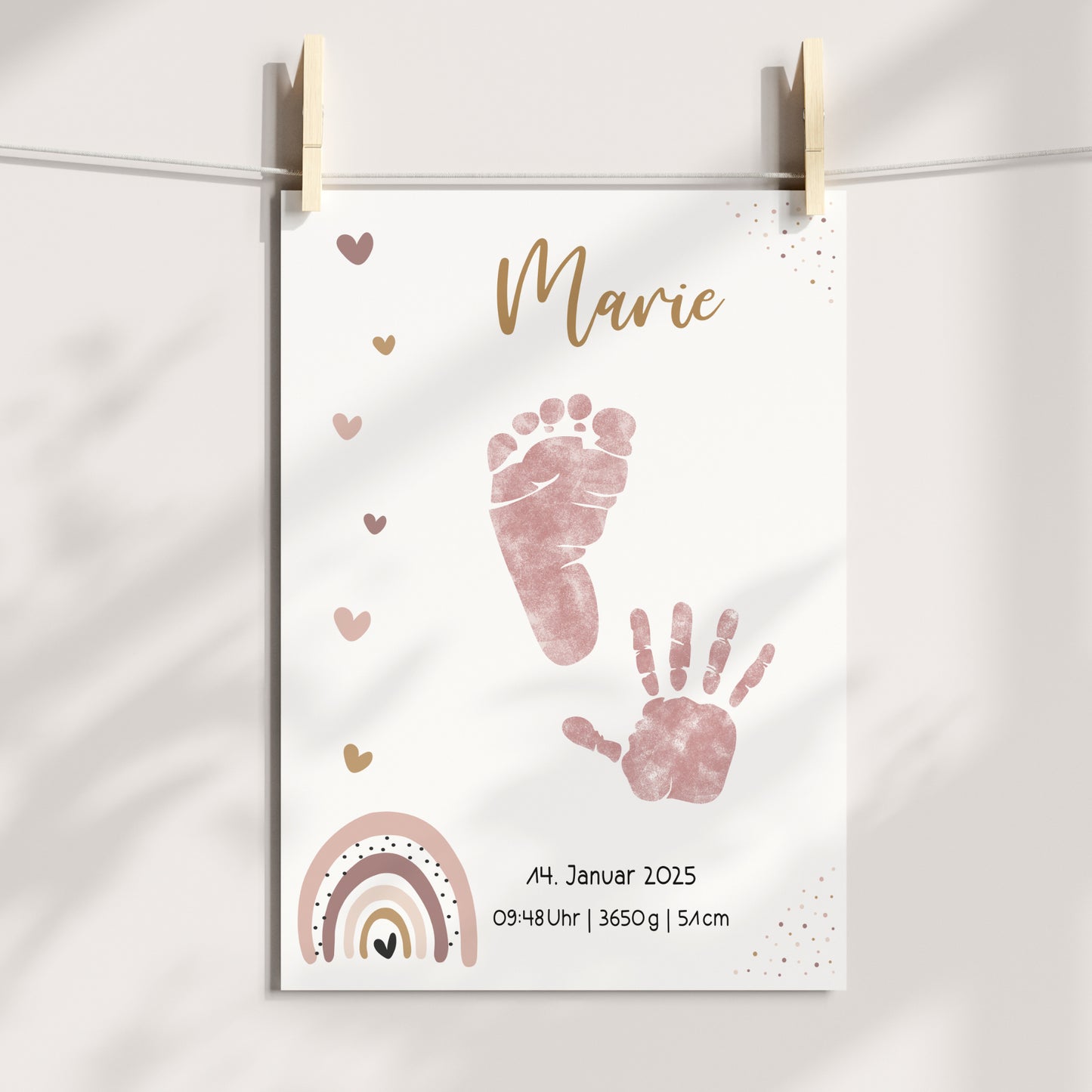 Geburtsposter Vorlage Fußabdrücke Handabdrücke Baby Geburtsdaten personalisiert Regenbogen Rosa Mädchen