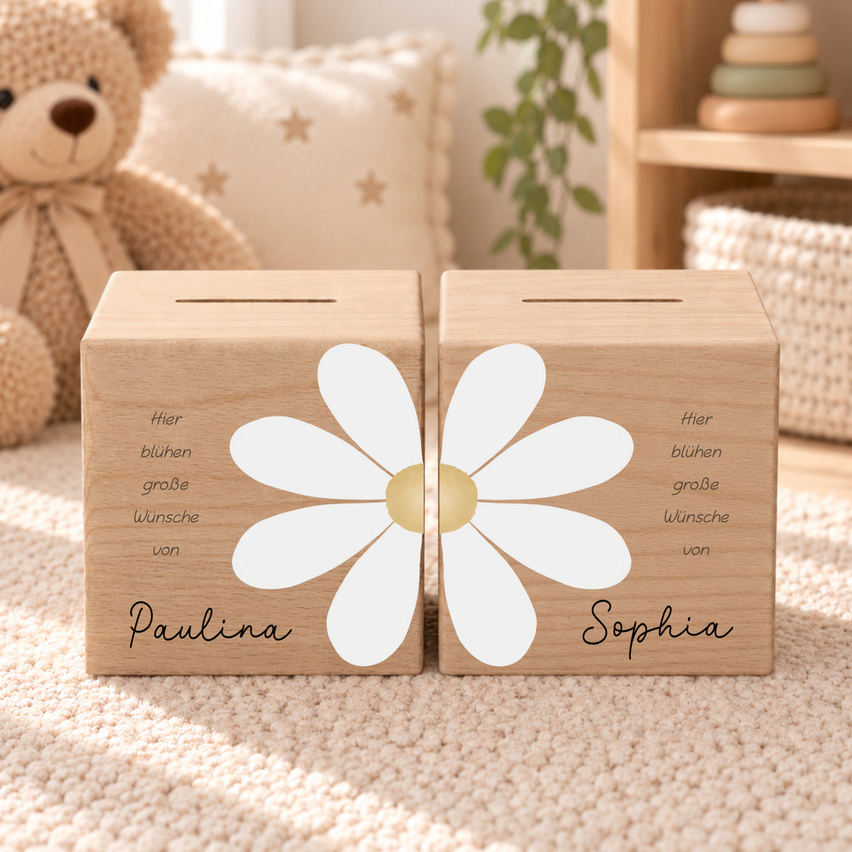 Holzspardosen 2er Set für Zwillinge & Geschwister mit Gänseblümchen personalisiert mit Namen