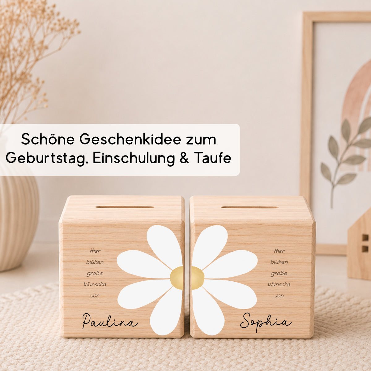Holzspardosen 2er Set für Zwillinge & Geschwister mit Gänseblümchen personalisiert mit Namen