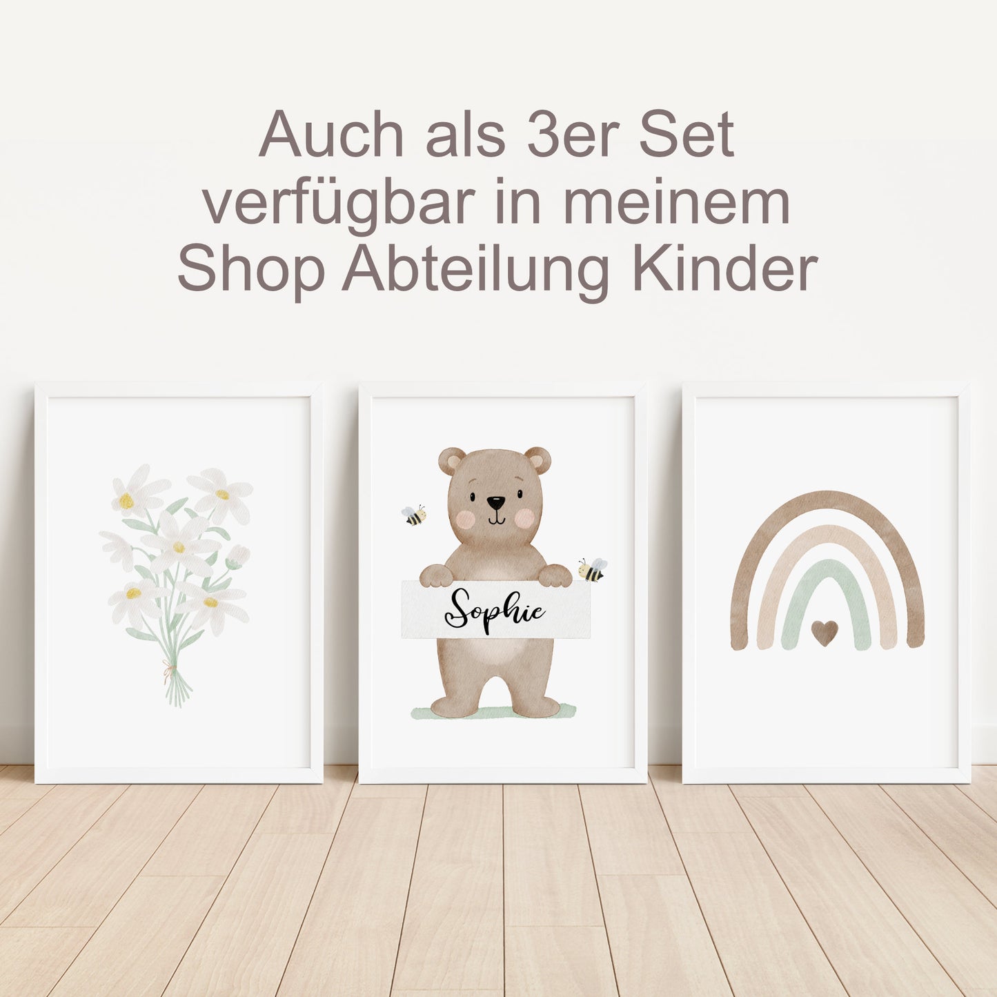 Geburtsposter Bär Bienen Blumen Geburtsdaten personalisiert Kinderzimmer Mädchen Jungen