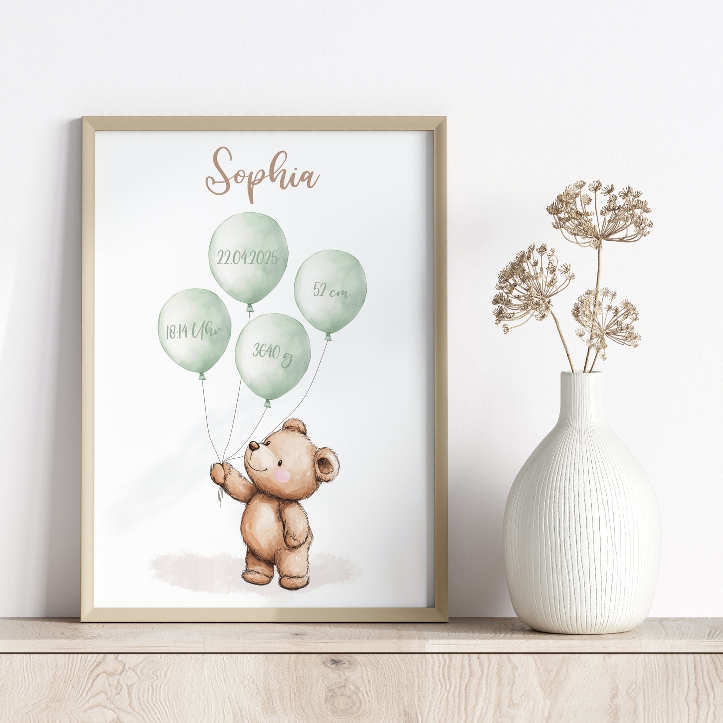 Geburtsposter Bär Luftballons Geburtsdaten personalisiert Kinderzimmer Geburtstafel Jungen Mädchen