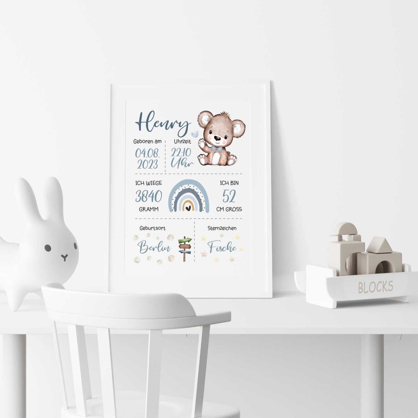 Geburtsposter Geburtstafel personalisiert Kinderzimmer Regenbogen Bär Jungen