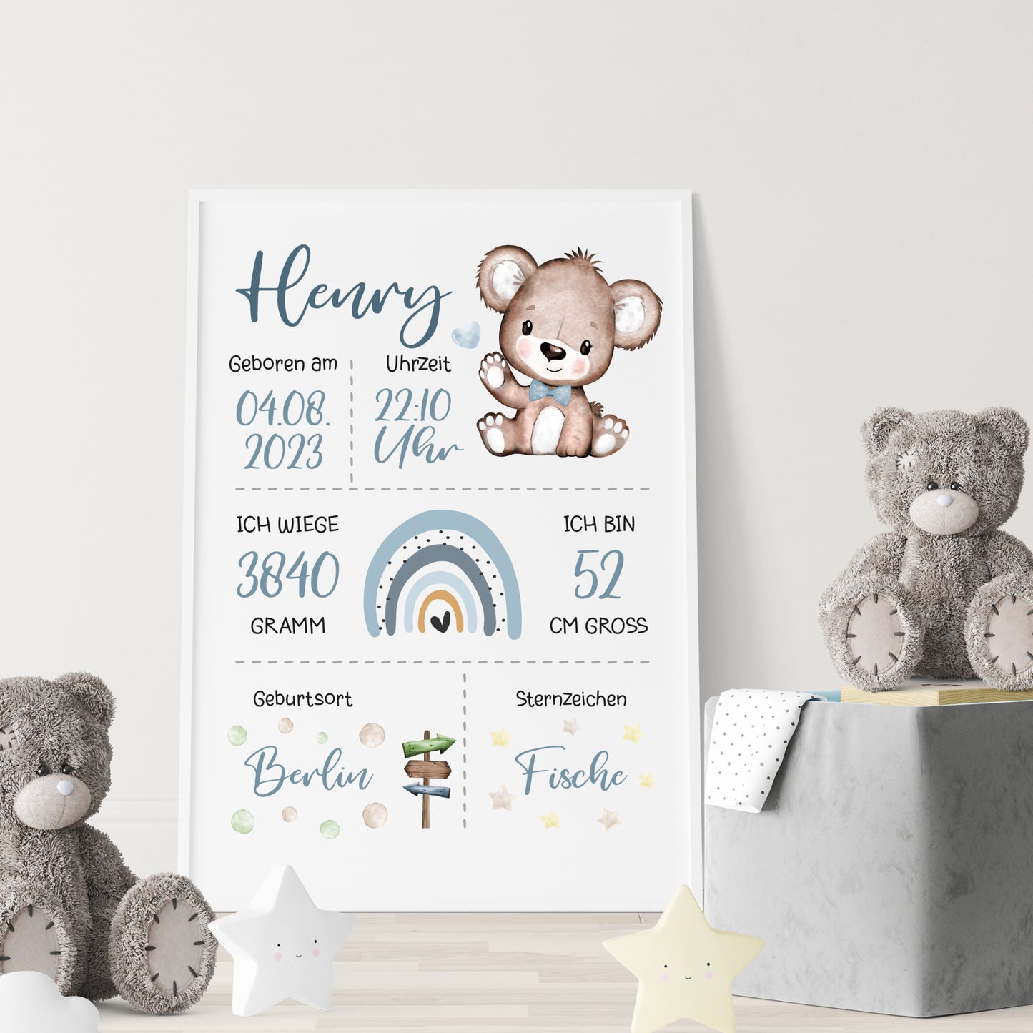 Geburtsposter Geburtstafel personalisiert Kinderzimmer Regenbogen Bär Jungen