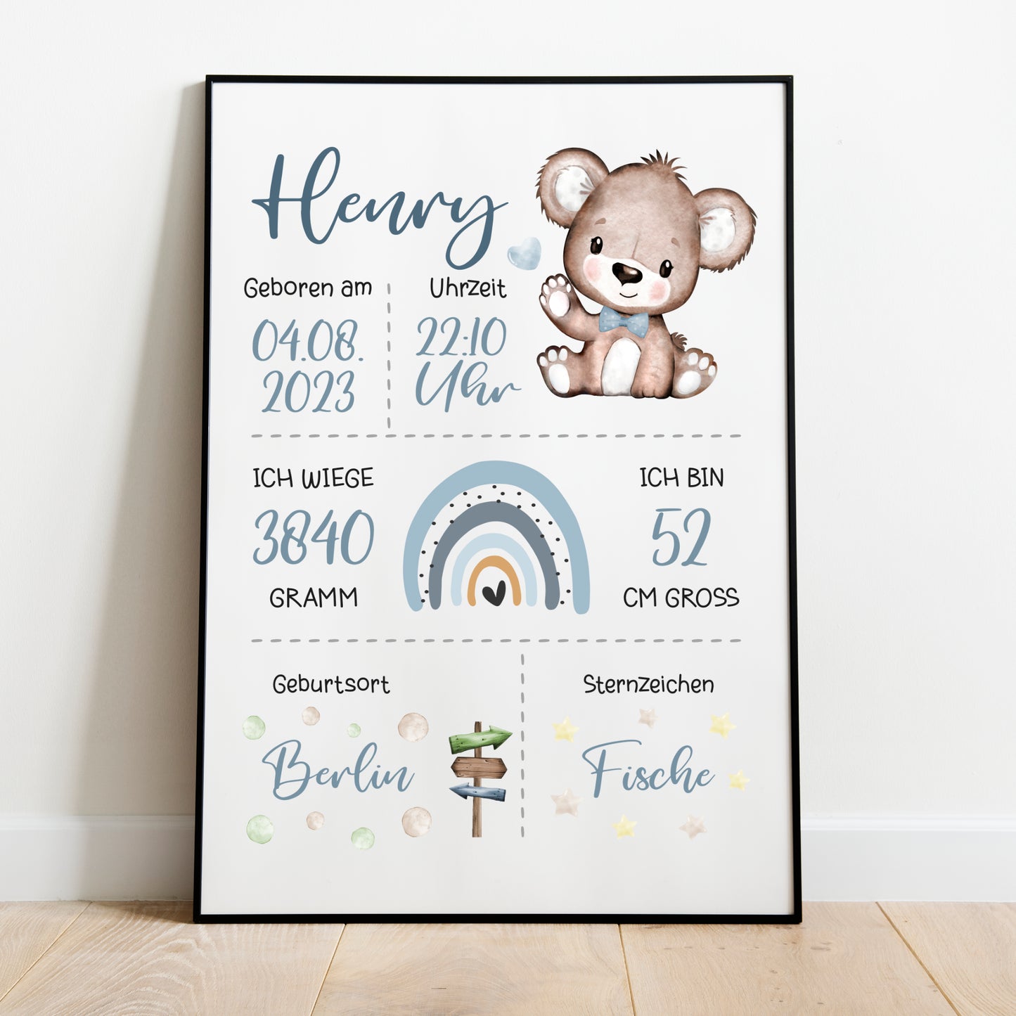 Geburtsposter Geburtstafel personalisiert Kinderzimmer Regenbogen Bär Jungen