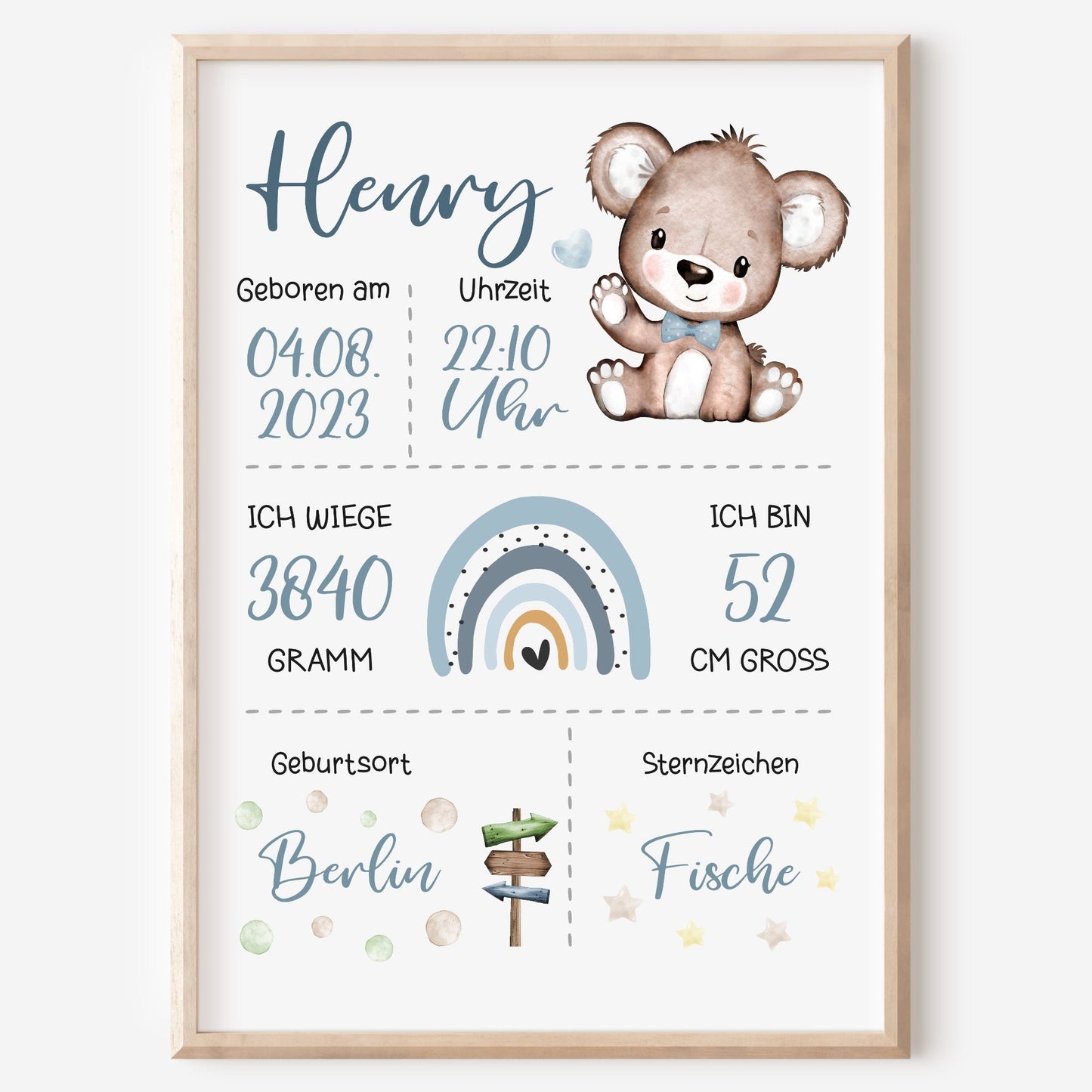 Geburtsposter Geburtstafel personalisiert Kinderzimmer Regenbogen Bär Jungen