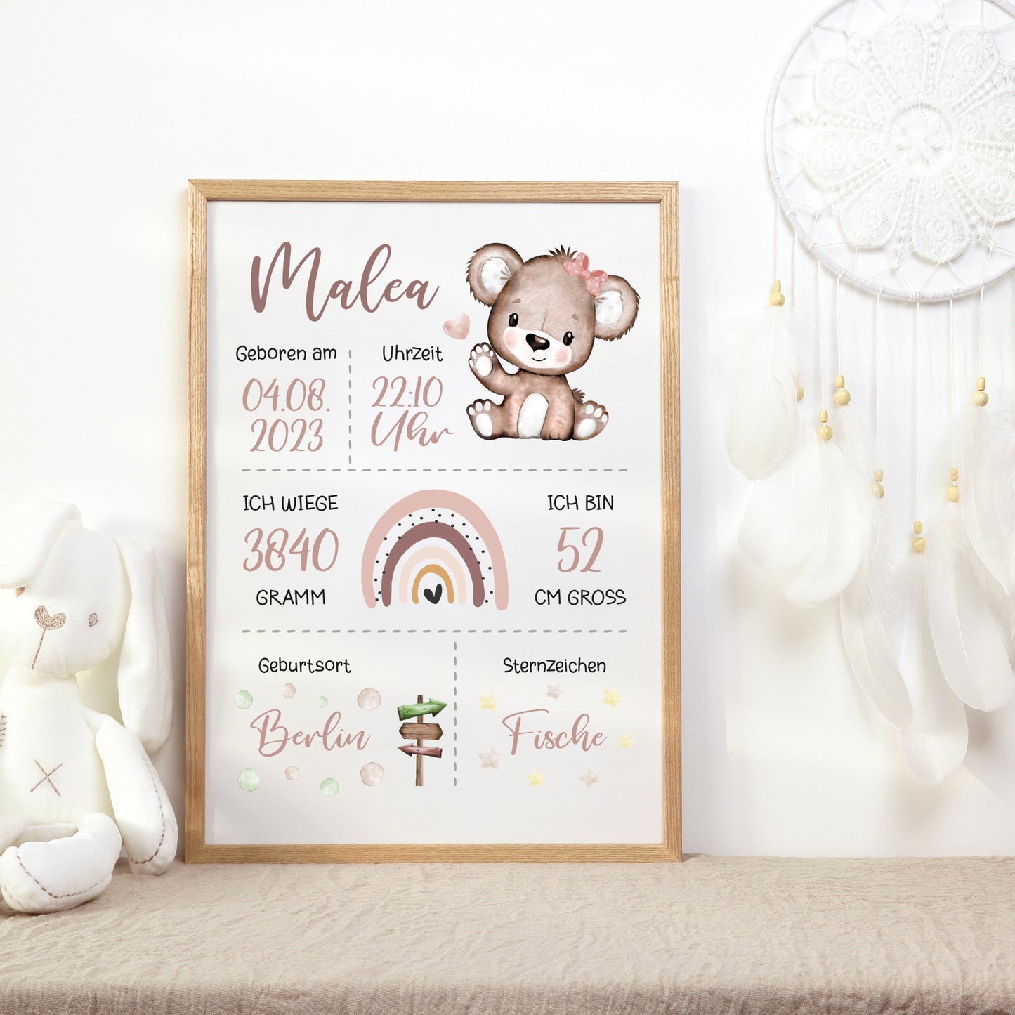 Geburtsposter Geburtstafel personalisiert Kinderzimmer Regenbogen Bär Mädchen