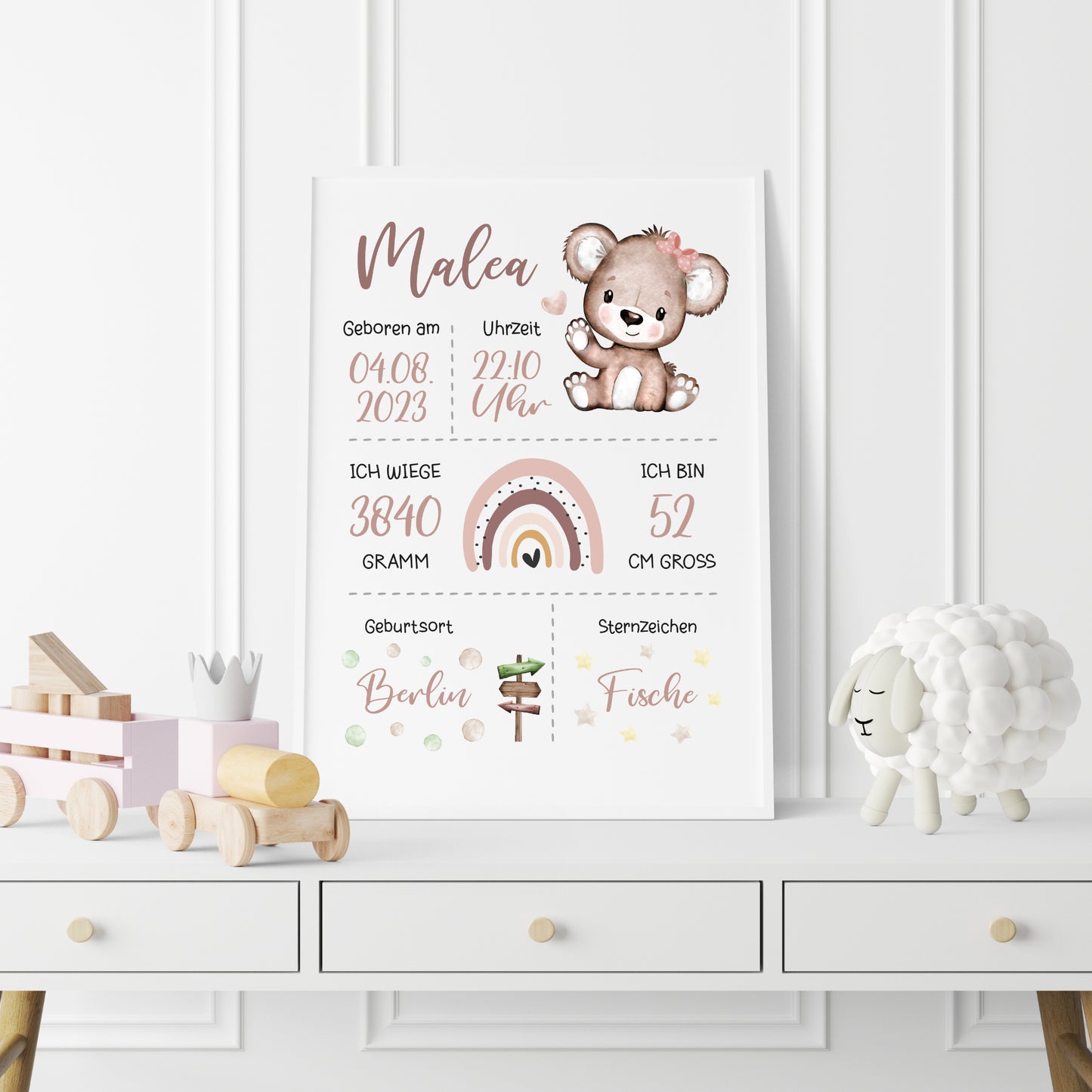 Geburtsposter Geburtstafel personalisiert Kinderzimmer Regenbogen Bär Mädchen