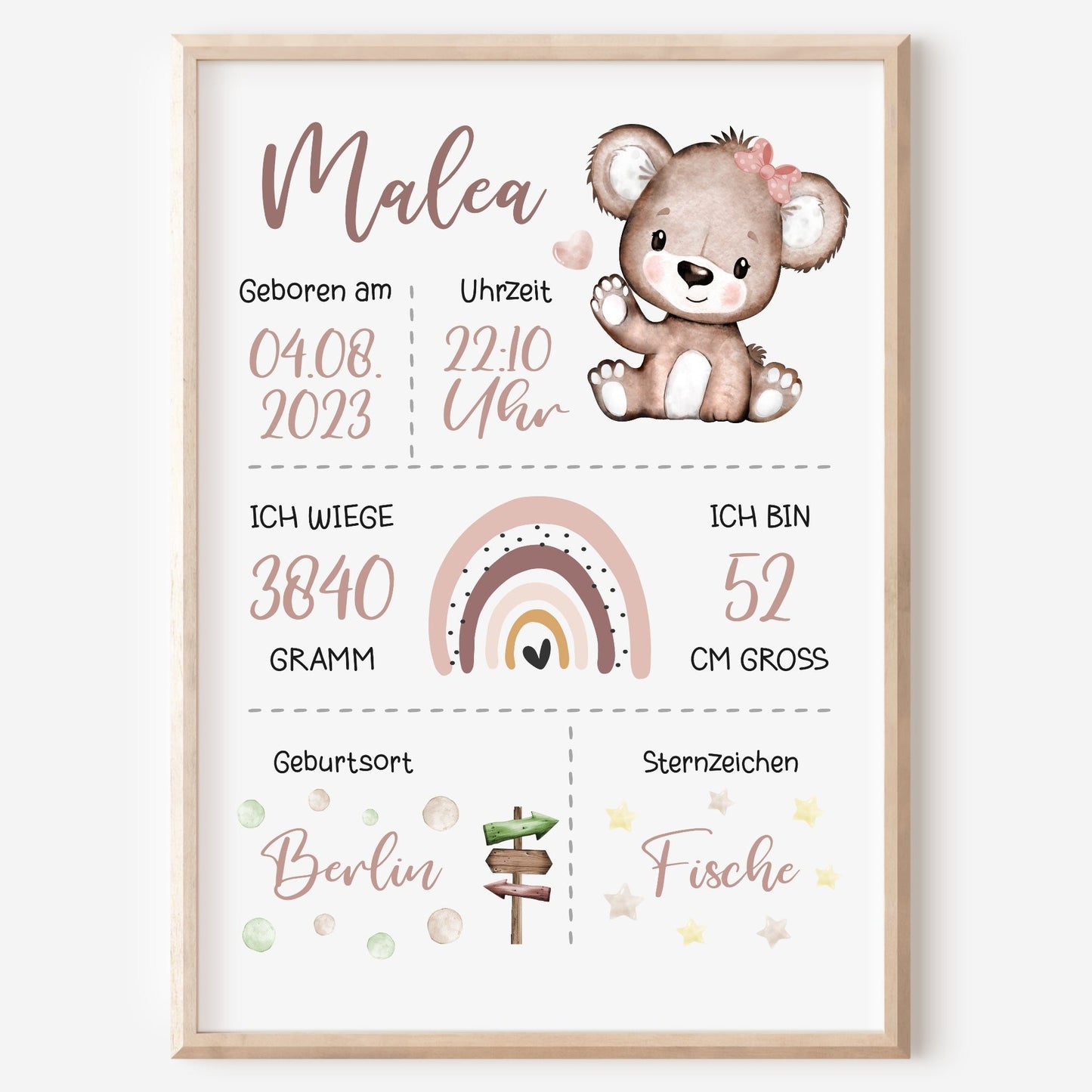 Geburtsposter Geburtstafel personalisiert Kinderzimmer Regenbogen Bär Mädchen