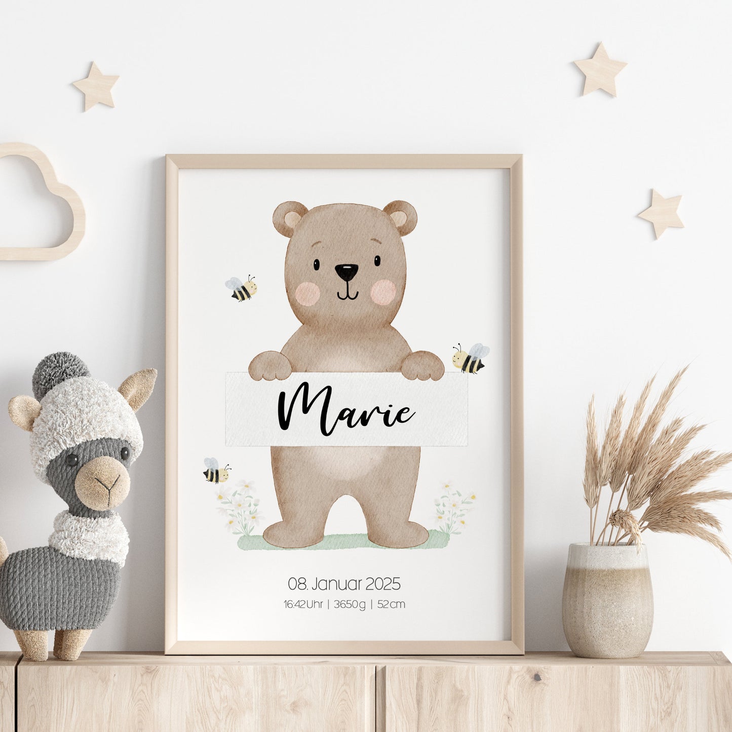 Geburtsposter Bär Bienen Blumen Geburtsdaten personalisiert Kinderzimmer Mädchen Jungen