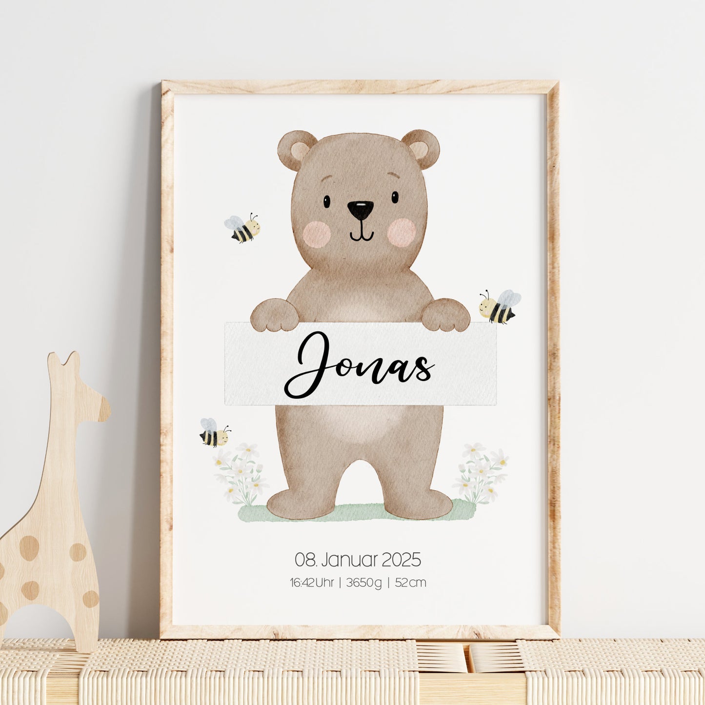 Geburtsposter Bär Bienen Blumen Geburtsdaten personalisiert Kinderzimmer Mädchen Jungen