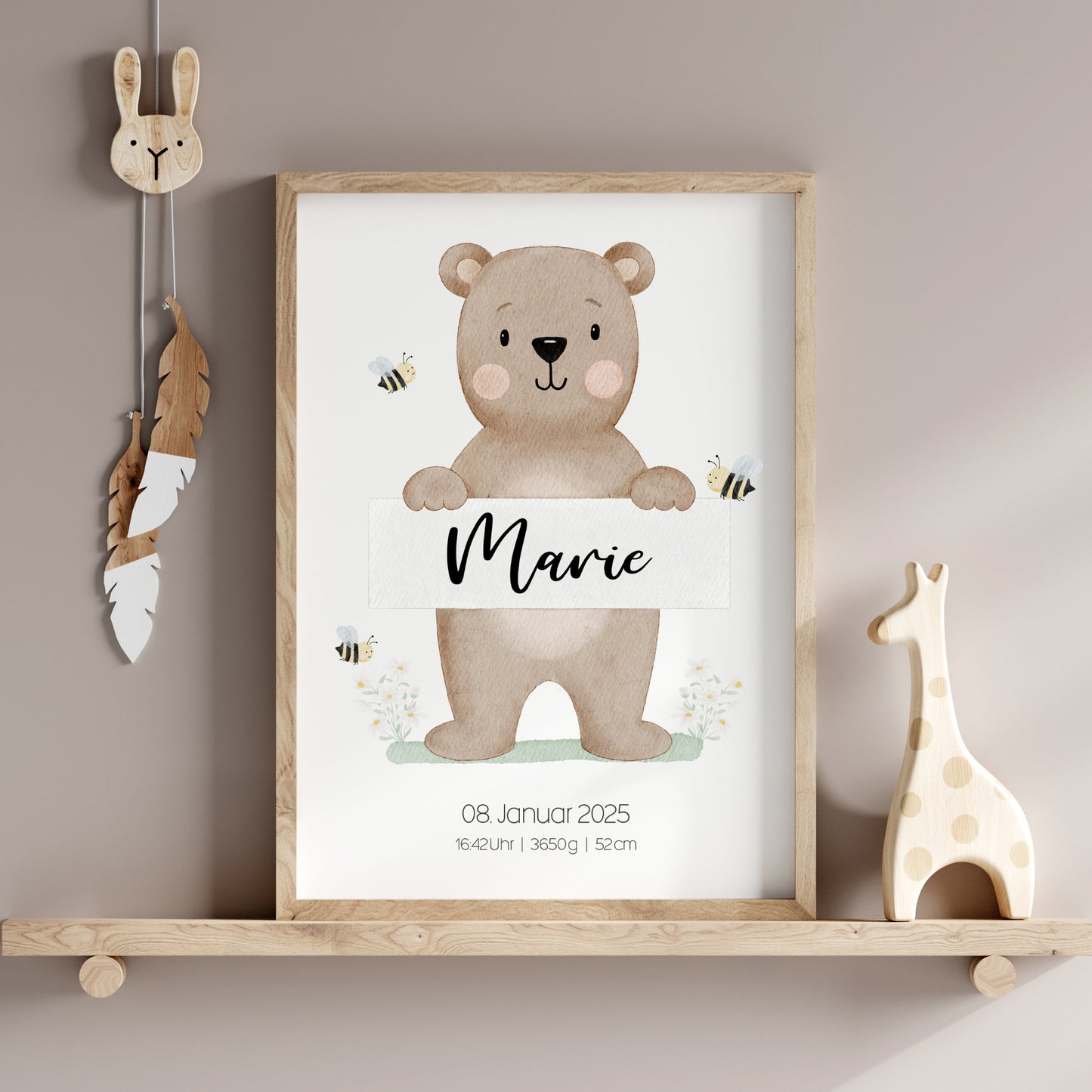 Geburtsposter Bär Bienen Blumen Geburtsdaten personalisiert Kinderzimmer Mädchen Jungen