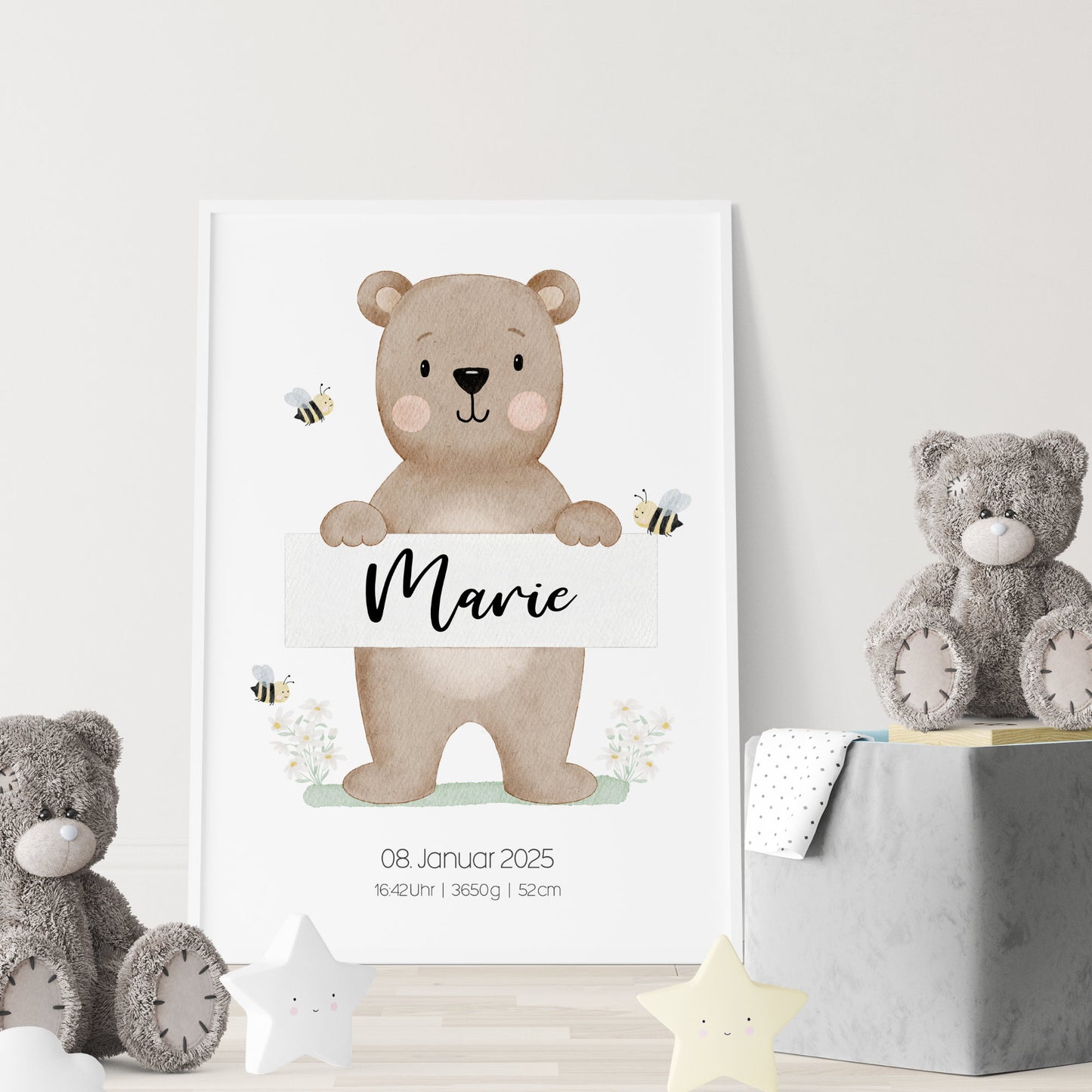 Geburtsposter Bär Bienen Blumen Geburtsdaten personalisiert Kinderzimmer Mädchen Jungen