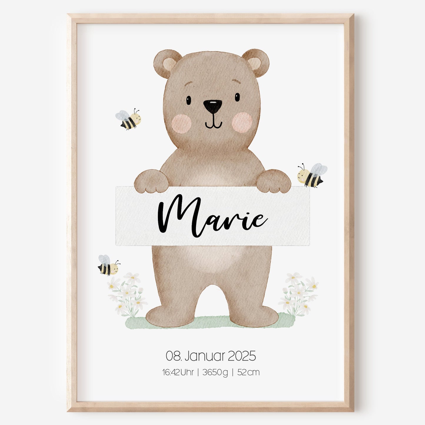 Geburtsposter Bär Bienen Blumen Geburtsdaten personalisiert Kinderzimmer Mädchen Jungen