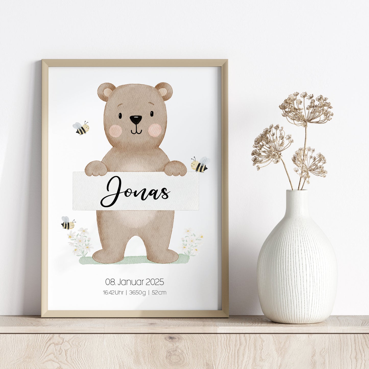 Geburtsposter Bär Bienen Blumen Geburtsdaten personalisiert Kinderzimmer Mädchen Jungen