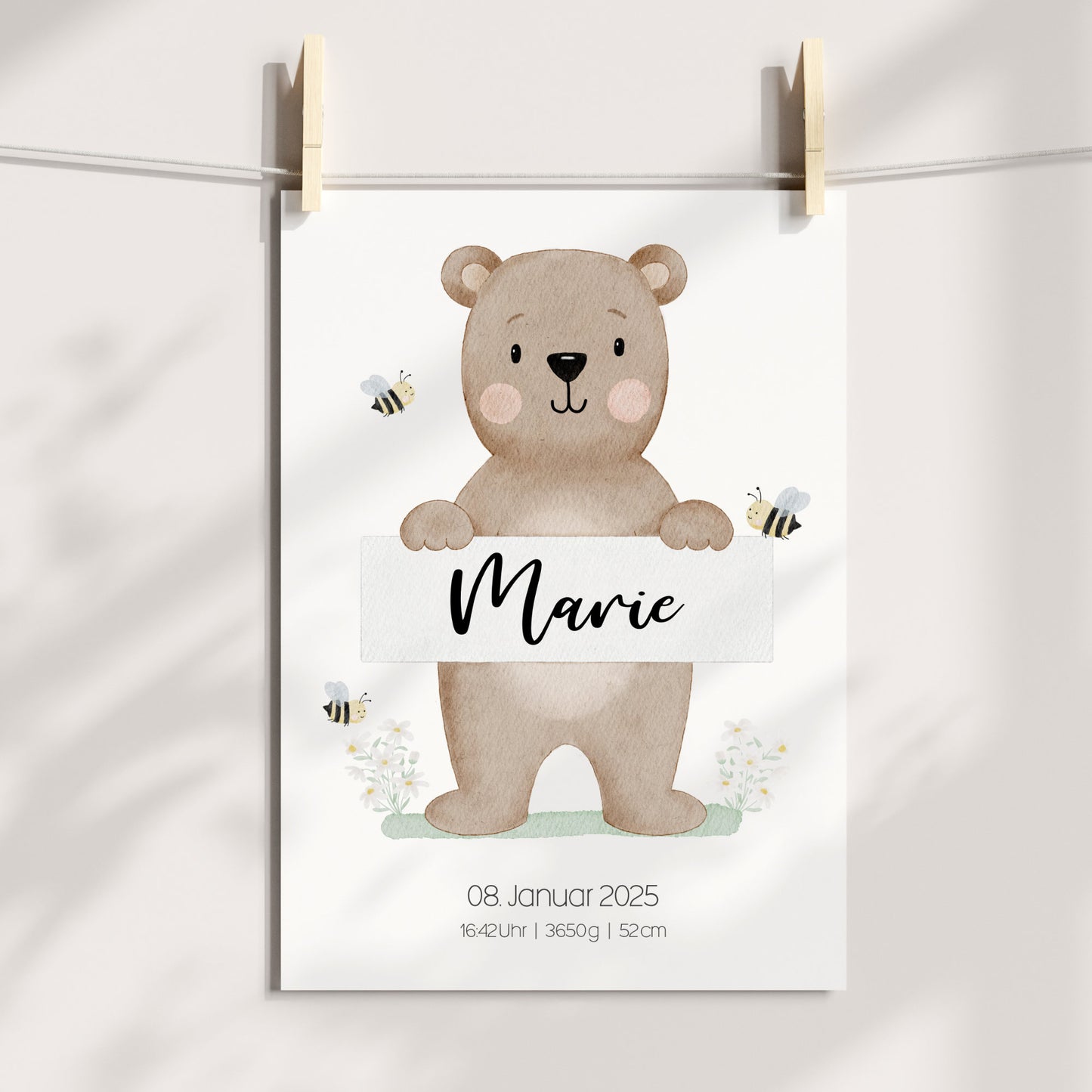 Geburtsposter Bär Bienen Blumen Geburtsdaten personalisiert Kinderzimmer Mädchen Jungen