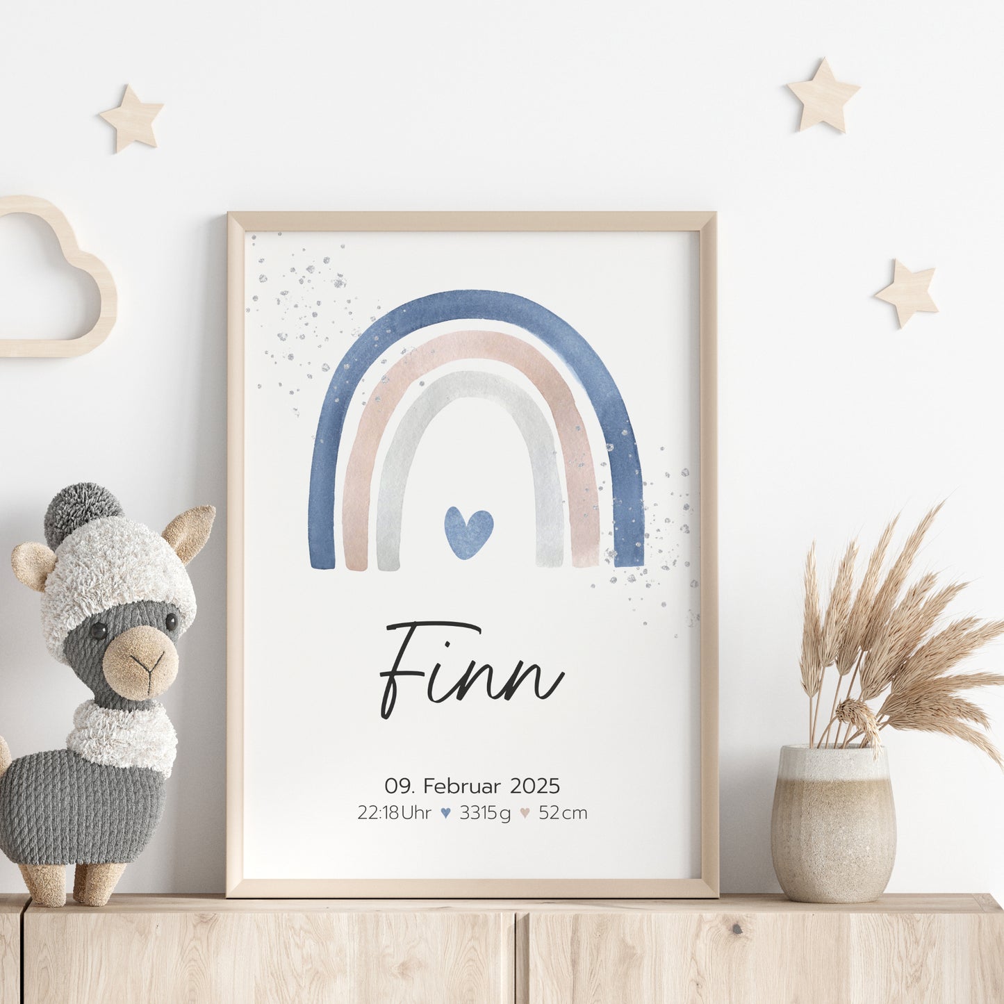 Geburtsposter Geburtsdaten personalisiert Kinderzimmer Regenbogen Blau Jungen