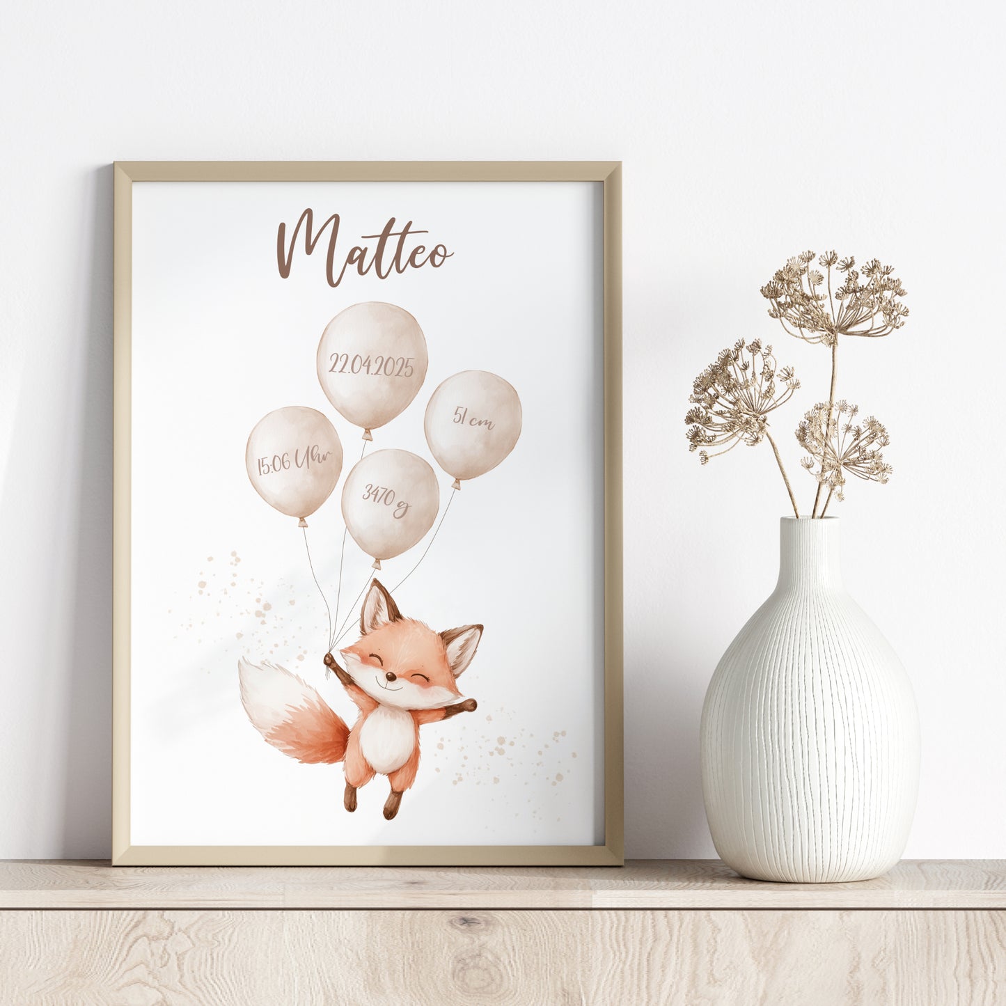 Geburtsposter Fuchs Luftballons Geburtsdaten personalisiert Kinderzimmer Geburtstafel Jungen Mädchen