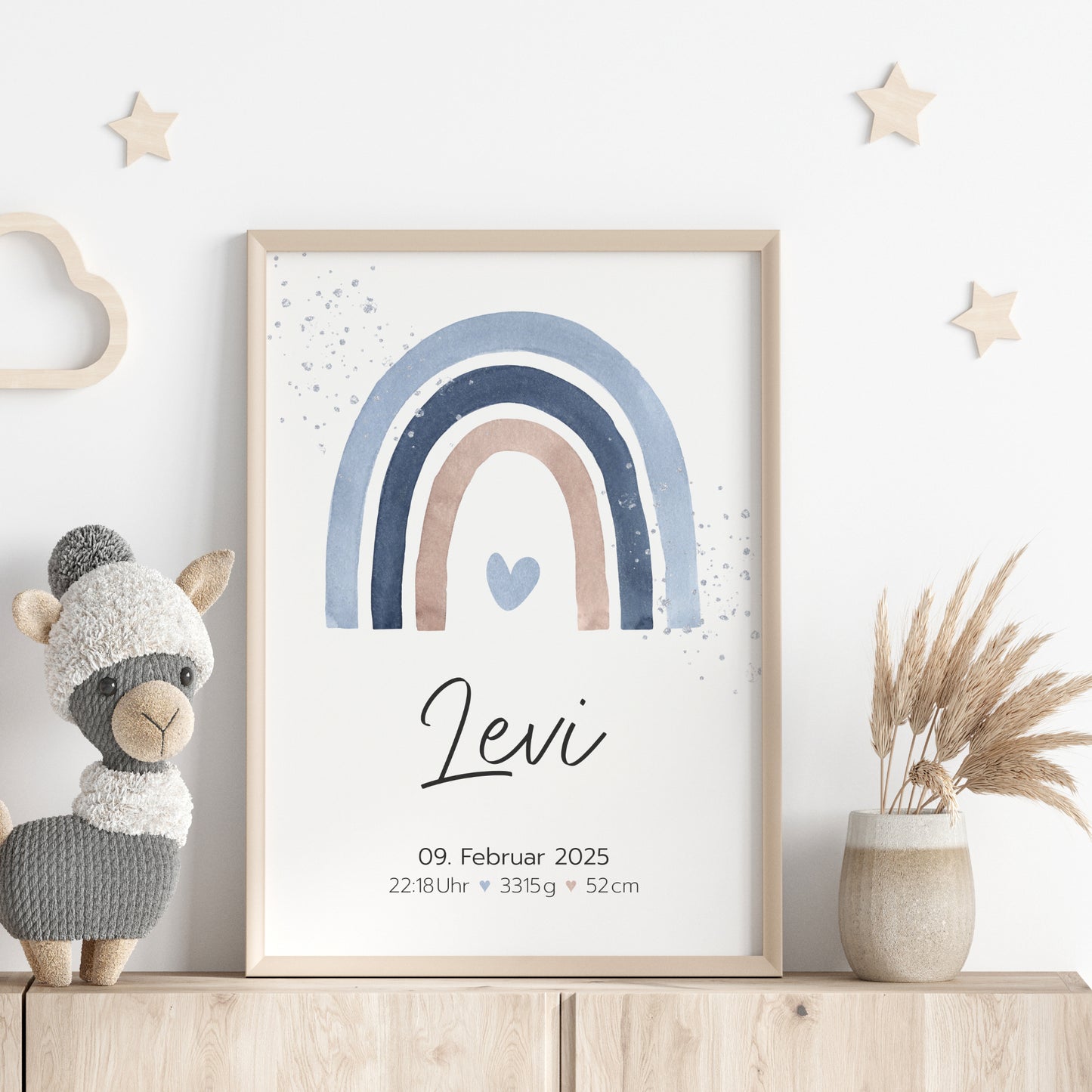 Geburtsposter Geburtsdaten personalisiert Kinderzimmer Regenbogen Blau Braun Jungen