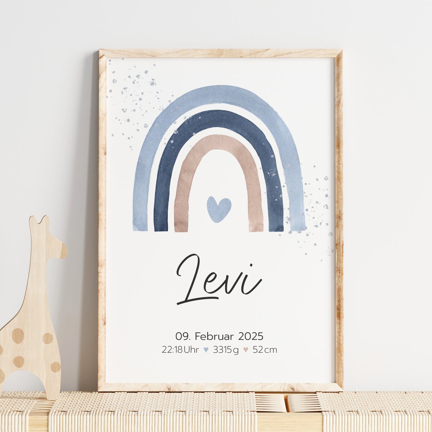 Geburtsposter Geburtsdaten personalisiert Kinderzimmer Regenbogen Blau Braun Jungen