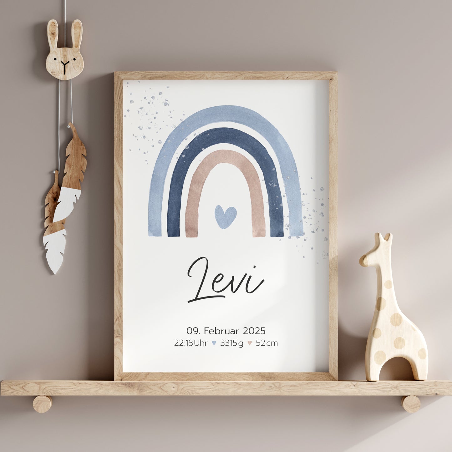 Geburtsposter Geburtsdaten personalisiert Kinderzimmer Regenbogen Blau Braun Jungen
