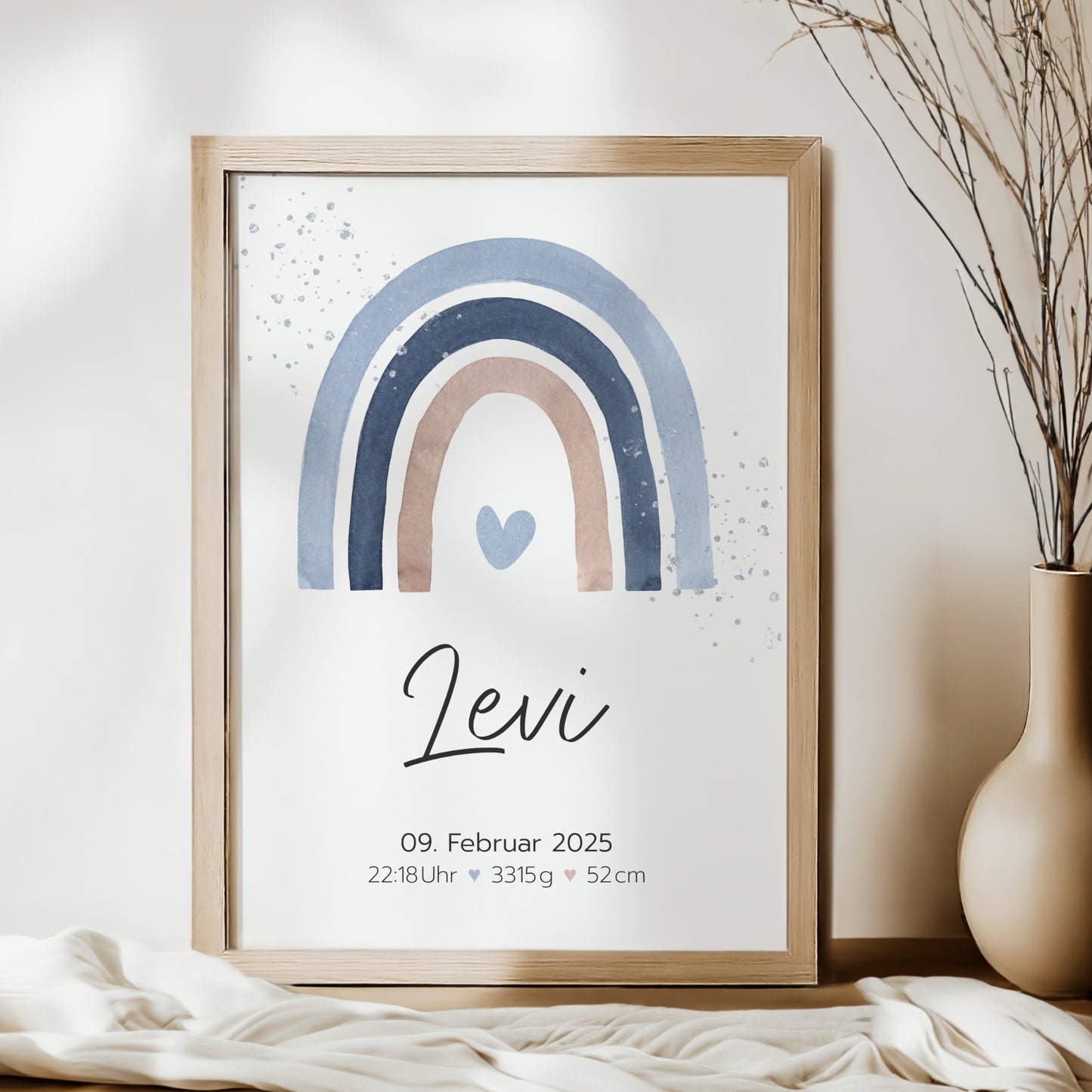 Geburtsposter Geburtsdaten personalisiert Kinderzimmer Regenbogen Blau Braun Jungen