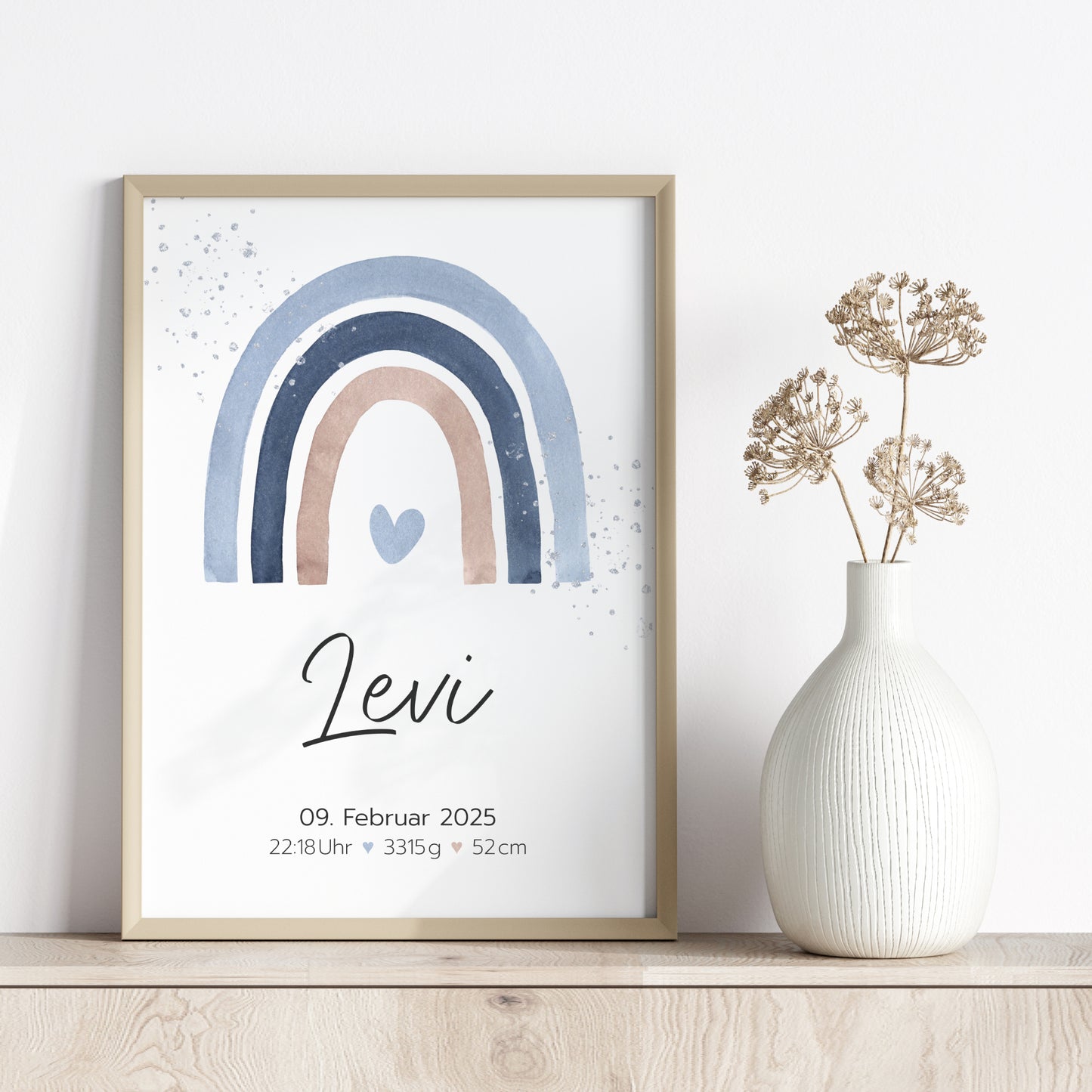 Geburtsposter Geburtsdaten personalisiert Kinderzimmer Regenbogen Blau Braun Jungen
