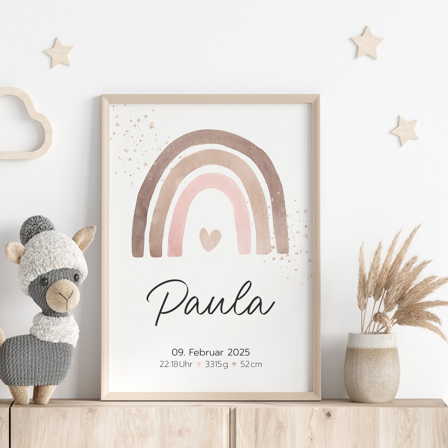 Geburtsposter Geburtsdaten personalisiert Kinderzimmer Regenbogen Rosa Braun Mädchen