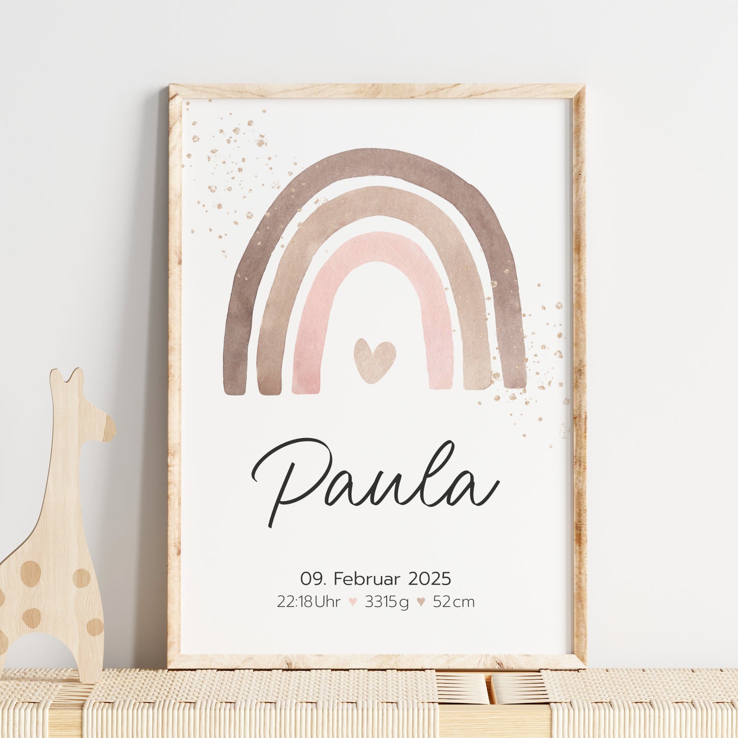 Geburtsposter Geburtsdaten personalisiert Kinderzimmer Regenbogen Rosa Braun Mädchen