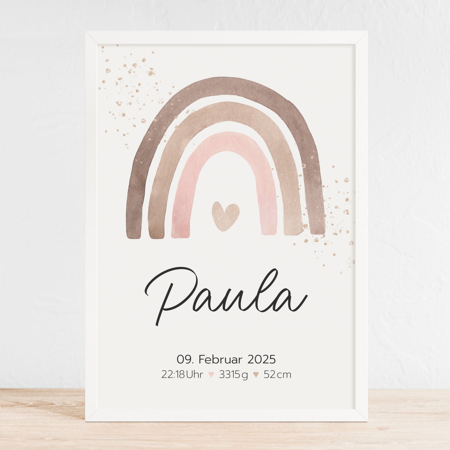 Geburtsposter Geburtsdaten personalisiert Kinderzimmer Regenbogen Rosa Braun Mädchen
