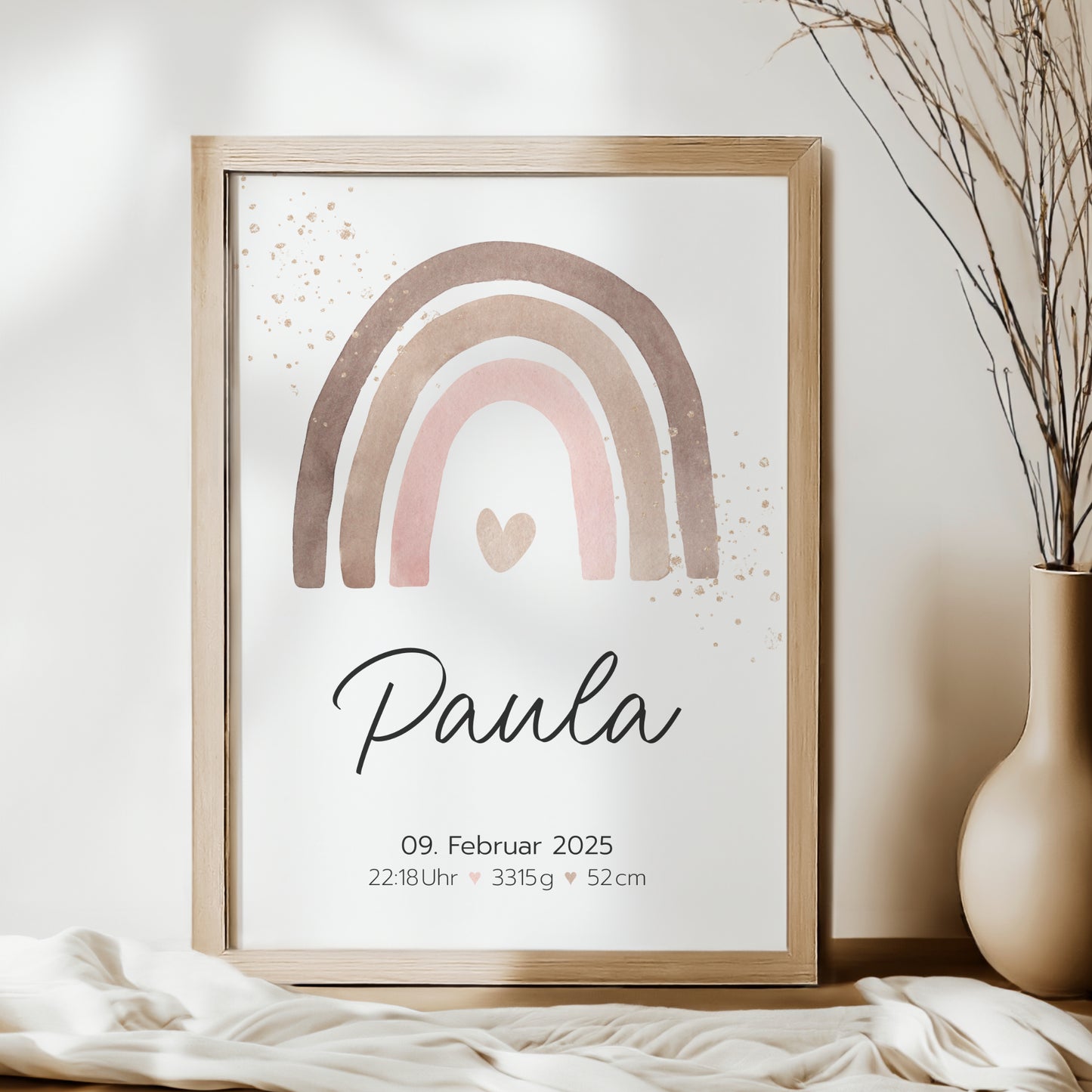 Geburtsposter Geburtsdaten personalisiert Kinderzimmer Regenbogen Rosa Braun Mädchen