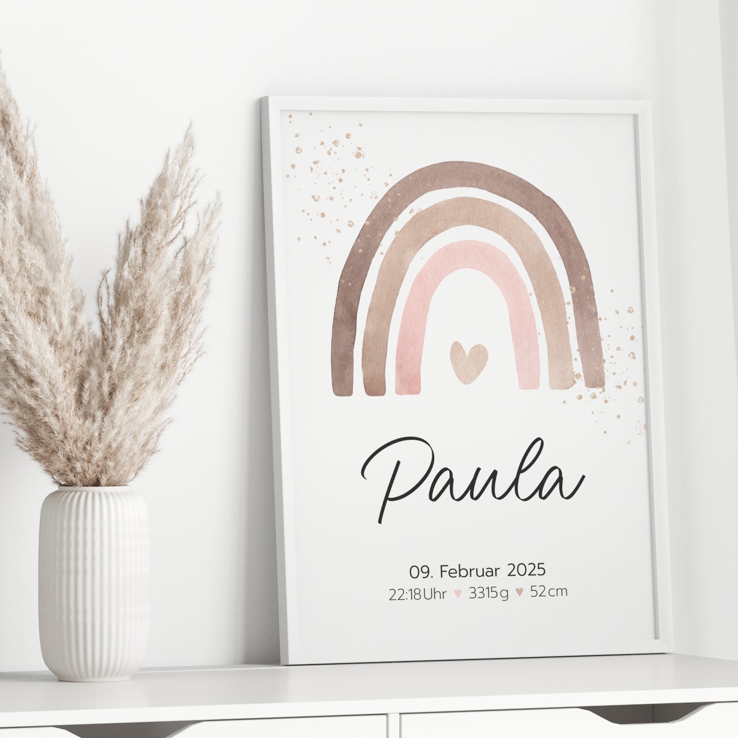 Geburtsposter Geburtsdaten personalisiert Kinderzimmer Regenbogen Rosa Braun Mädchen