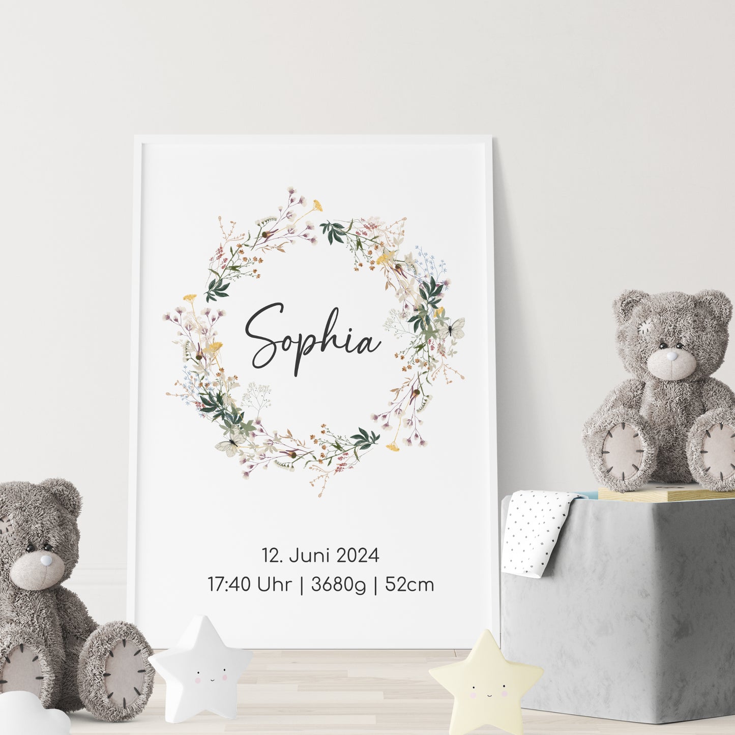 Geburtsposter Boho Geburtsdaten personalisiert Kinderzimmer Wildblumen Mädchen Jungen