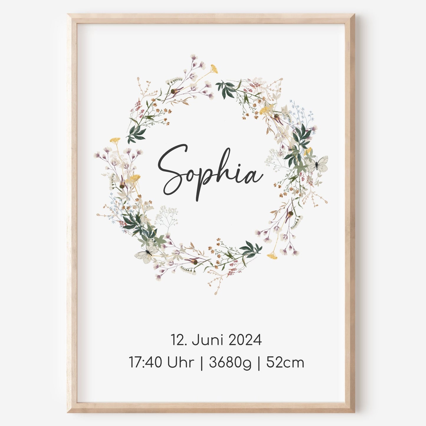 Geburtsposter Boho Geburtsdaten personalisiert Kinderzimmer Wildblumen Mädchen Jungen