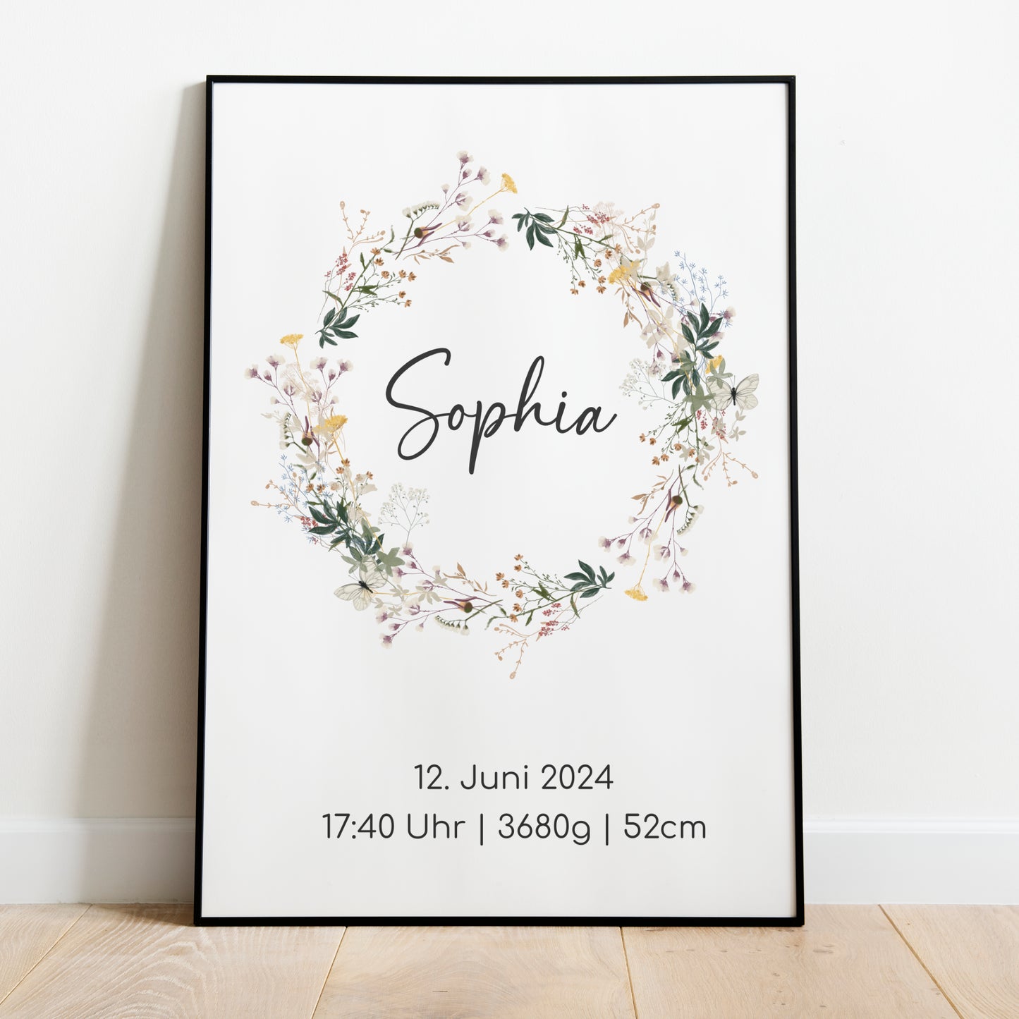 Geburtsposter Boho Geburtsdaten personalisiert Kinderzimmer Wildblumen Mädchen Jungen