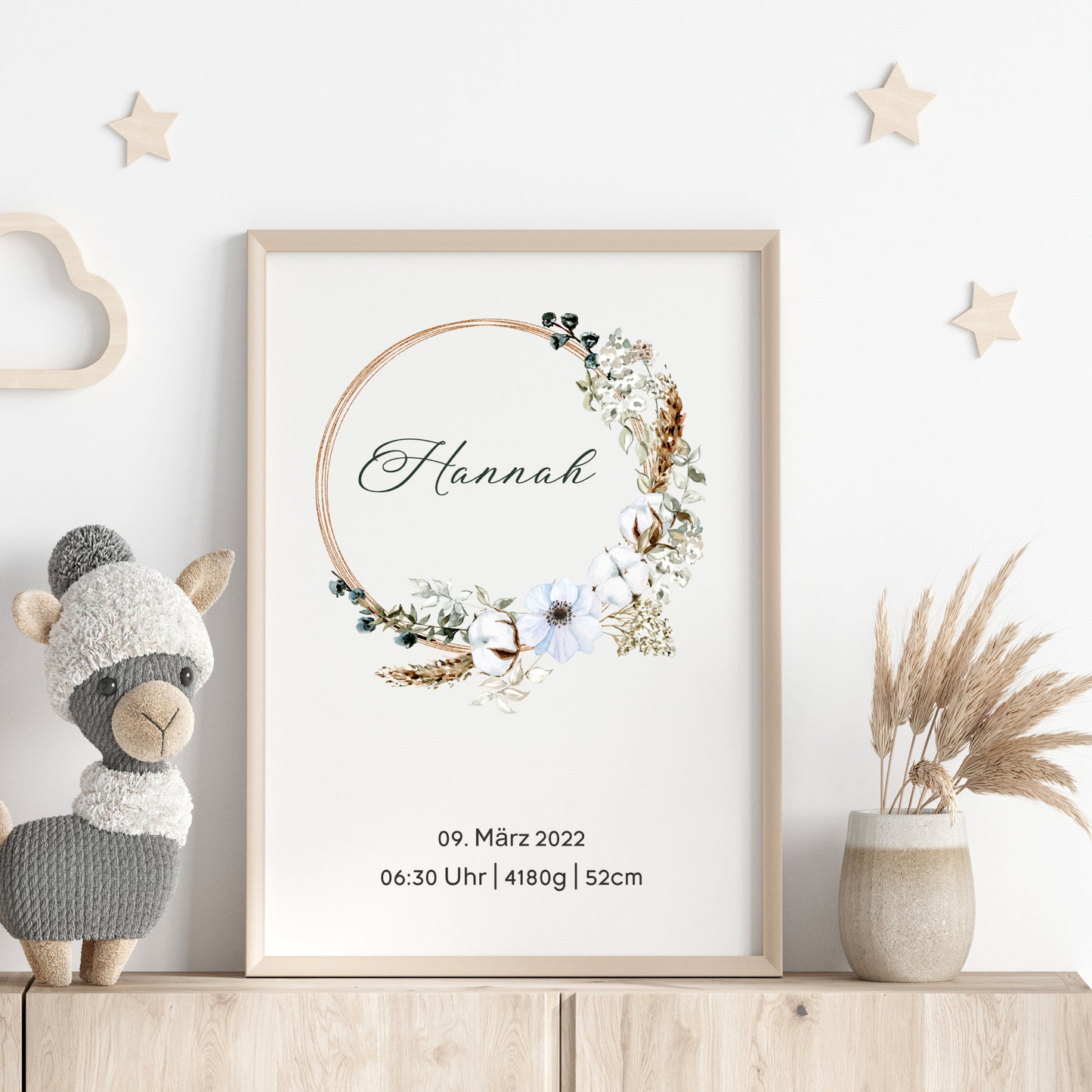 Geburtsposter Boho Geburtsdaten personalisiert Kinderzimmer Trockenblumen Mädchen Jungen