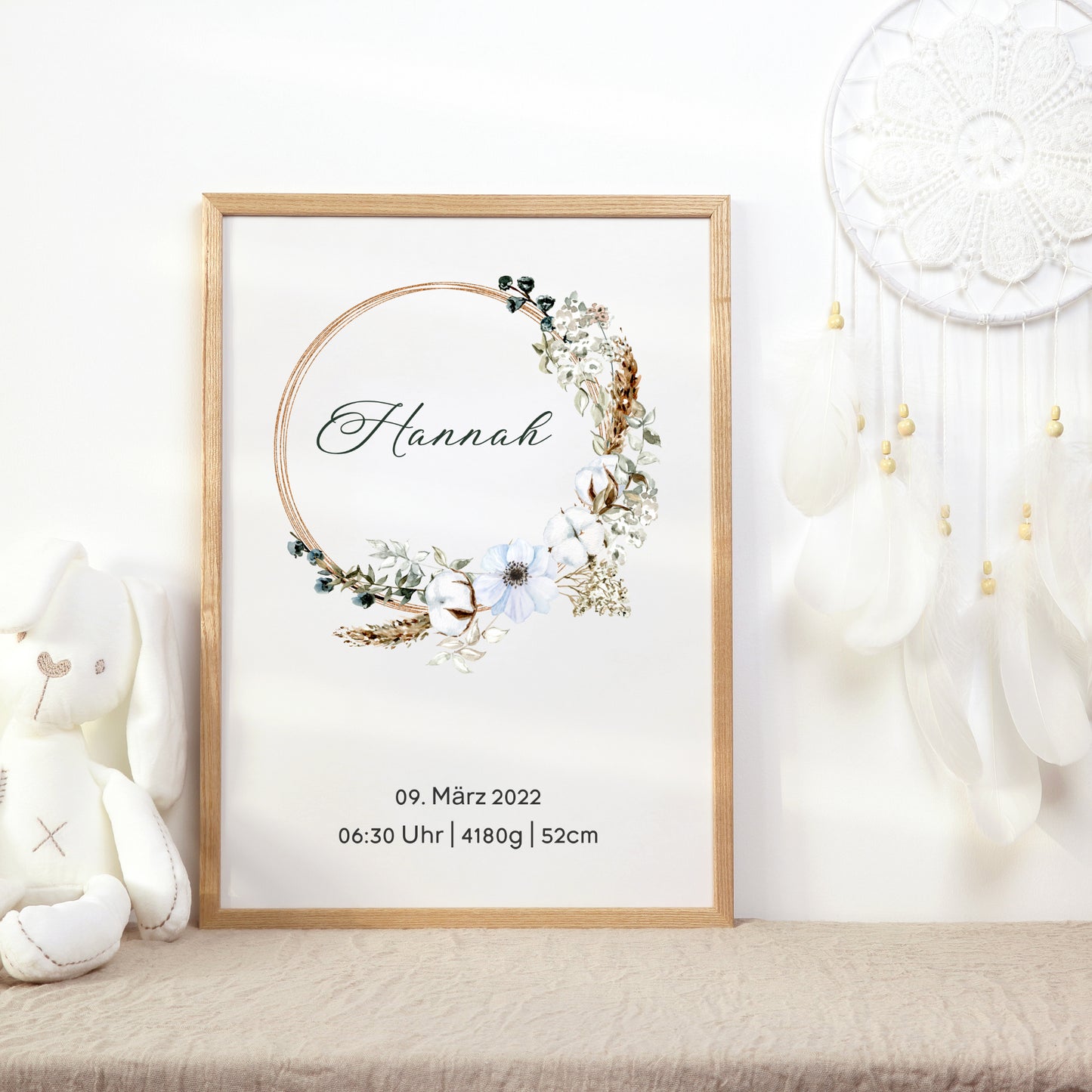 Geburtsposter Boho Geburtsdaten personalisiert Kinderzimmer Trockenblumen Mädchen Jungen