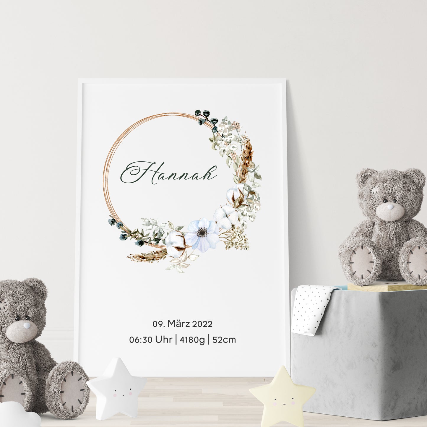 Geburtsposter Boho Geburtsdaten personalisiert Kinderzimmer Trockenblumen Mädchen Jungen