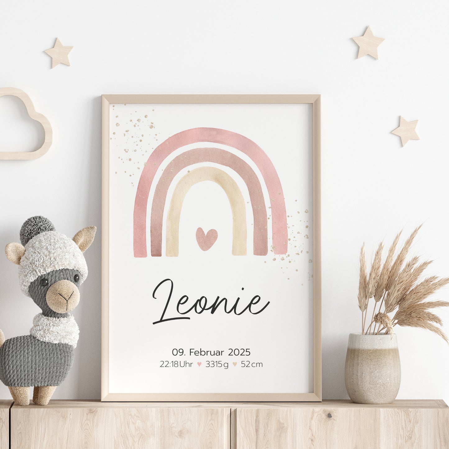 Geburtsposter Geburtsdaten personalisiert Kinderzimmer Regenbogen Rosa Mädchen