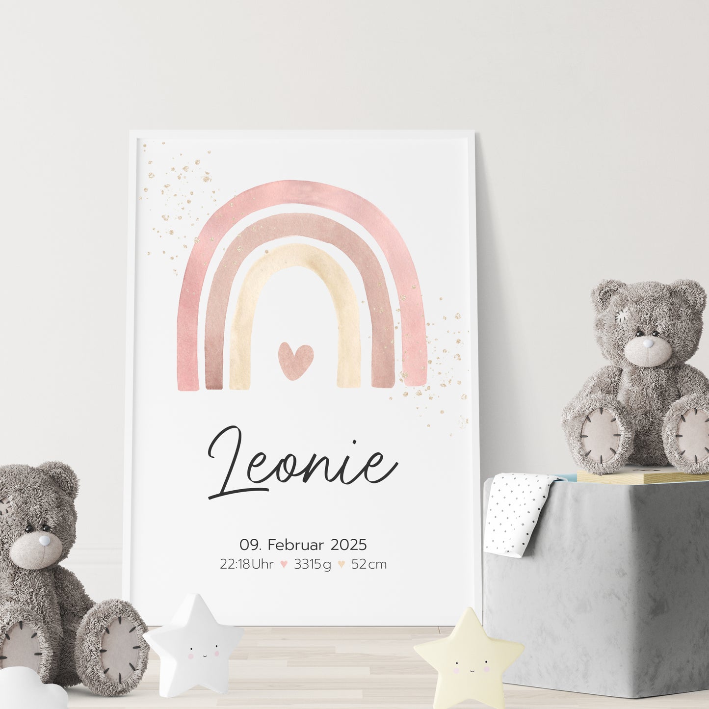 Geburtsposter Geburtsdaten personalisiert Kinderzimmer Regenbogen Rosa Mädchen