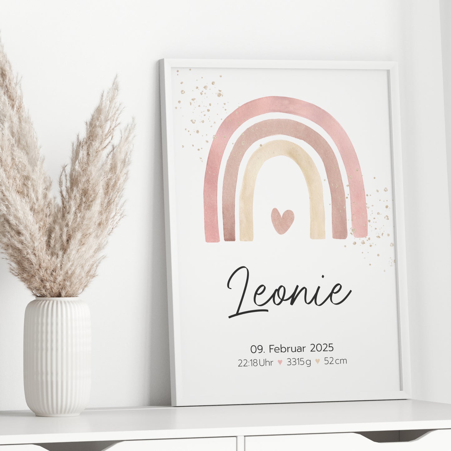 Geburtsposter Geburtsdaten personalisiert Kinderzimmer Regenbogen Rosa Mädchen