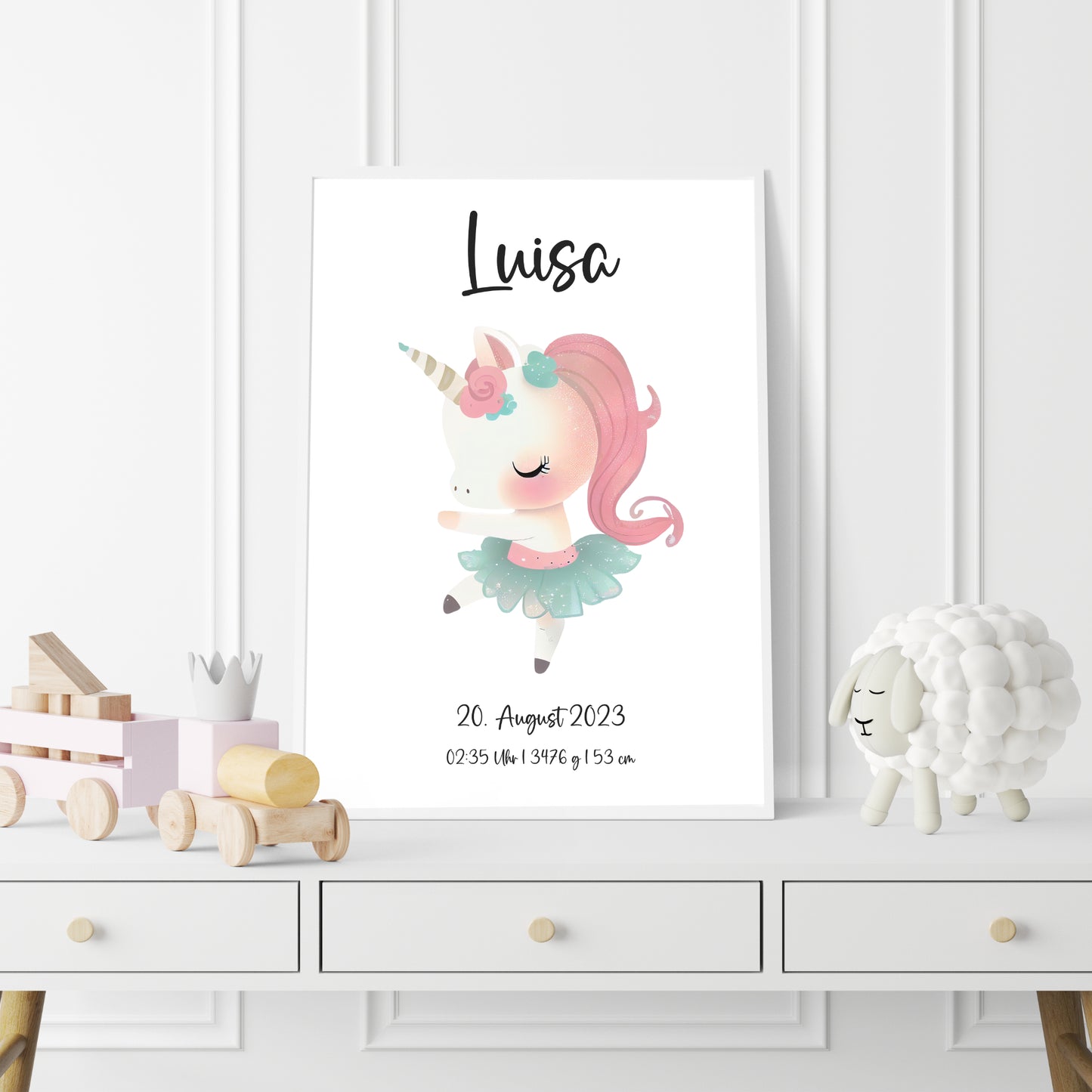 Geburtsposter Geburtsdaten personalisiert Kinderzimmer Einhorn Mädchen