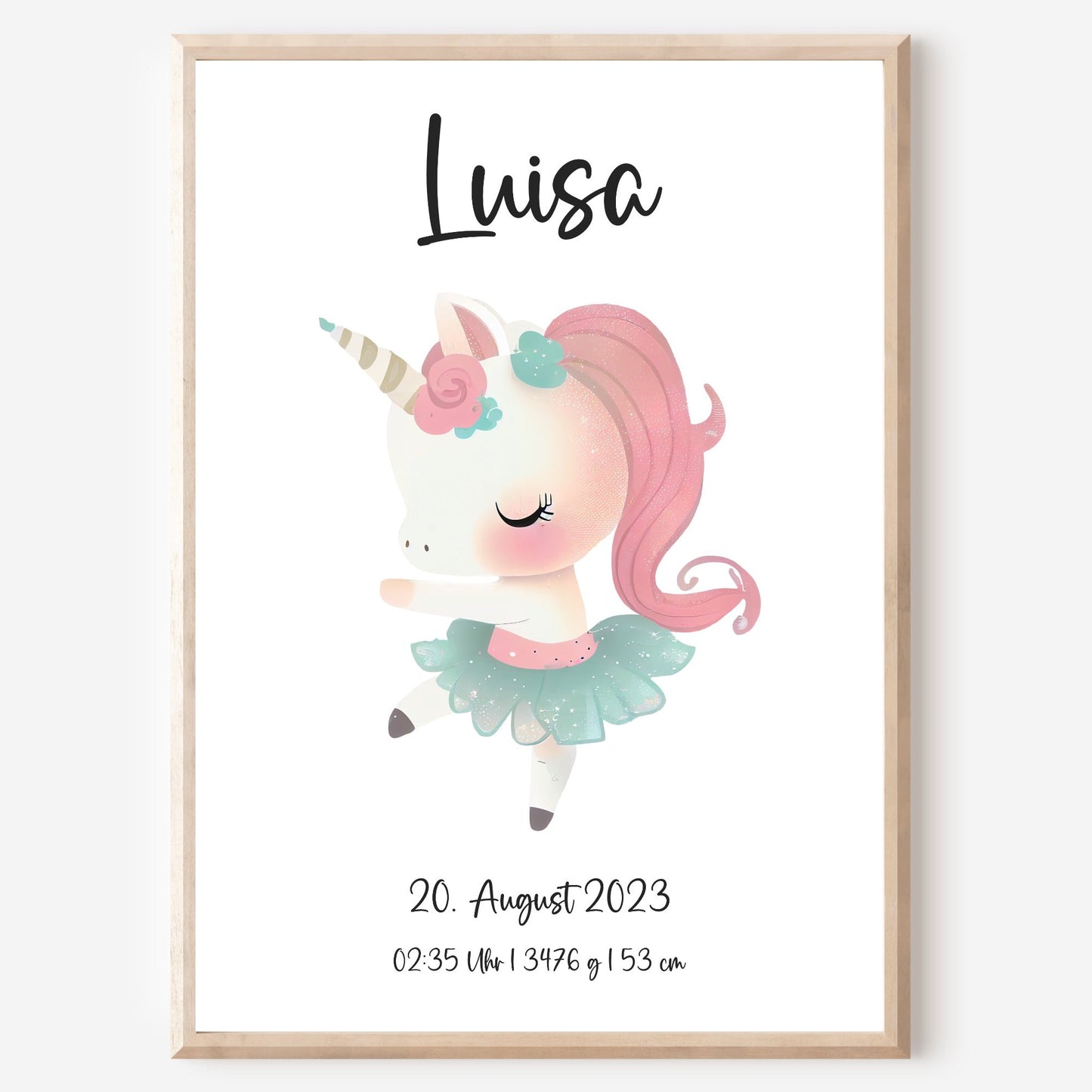 Geburtsposter Geburtsdaten personalisiert Kinderzimmer Einhorn Mädchen