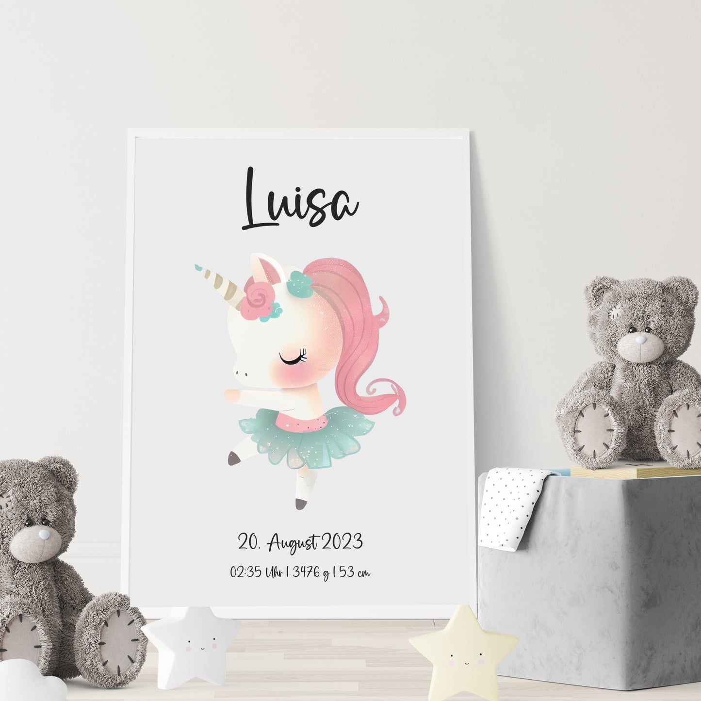 Geburtsposter Geburtsdaten personalisiert Kinderzimmer Einhorn Mädchen