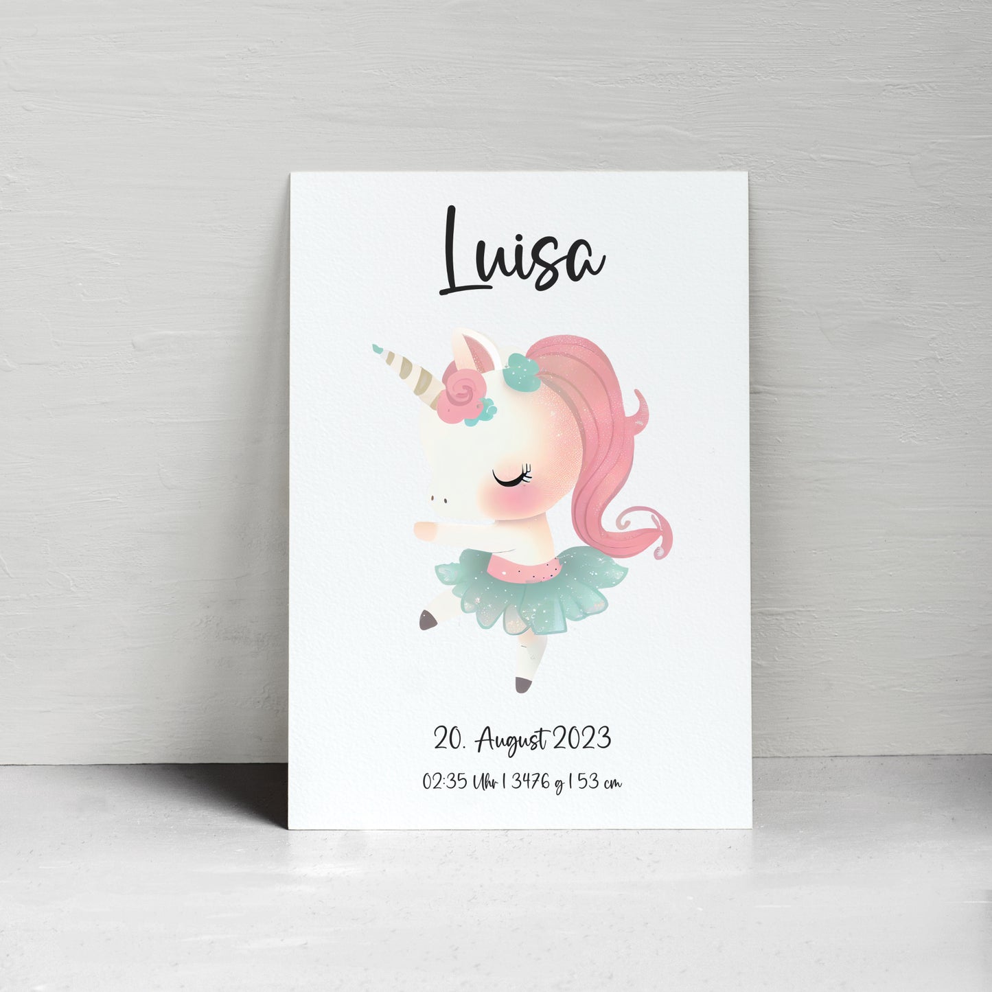 Geburtsposter Geburtsdaten personalisiert Kinderzimmer Einhorn Mädchen
