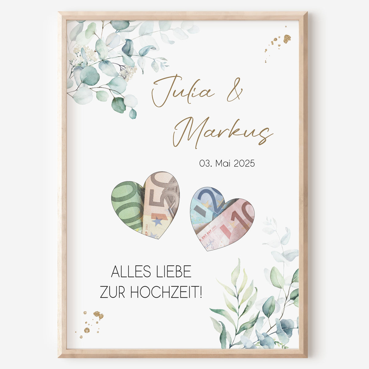 Geldgeschenk Hochzeit Poster Personalisiert Geldscheine Brautpaar Heirat Hochzeitsgeschenk Eukalyptus