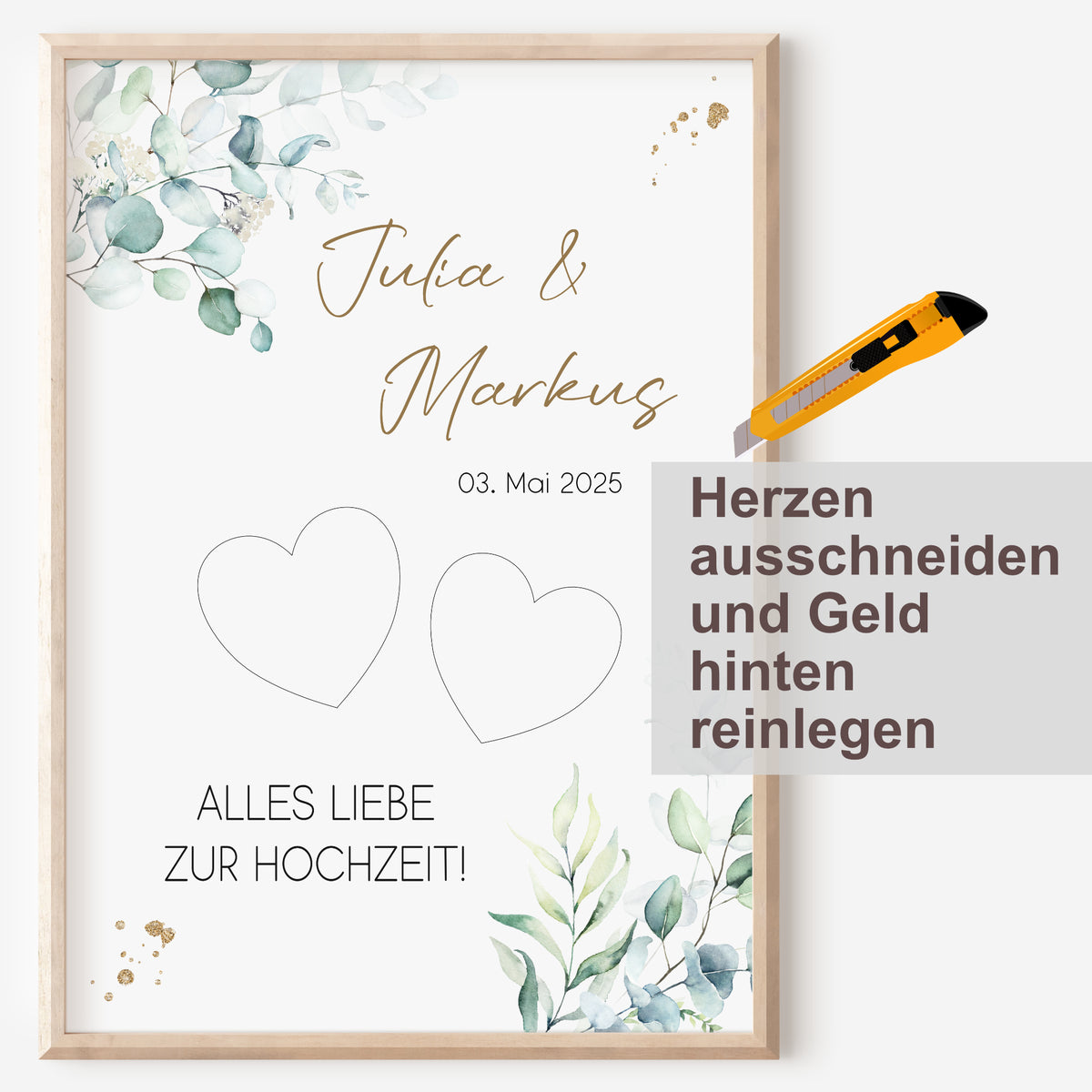 Geldgeschenk Hochzeit Poster Personalisiert Geldscheine Brautpaar Heirat Hochzeitsgeschenk Eukalyptus